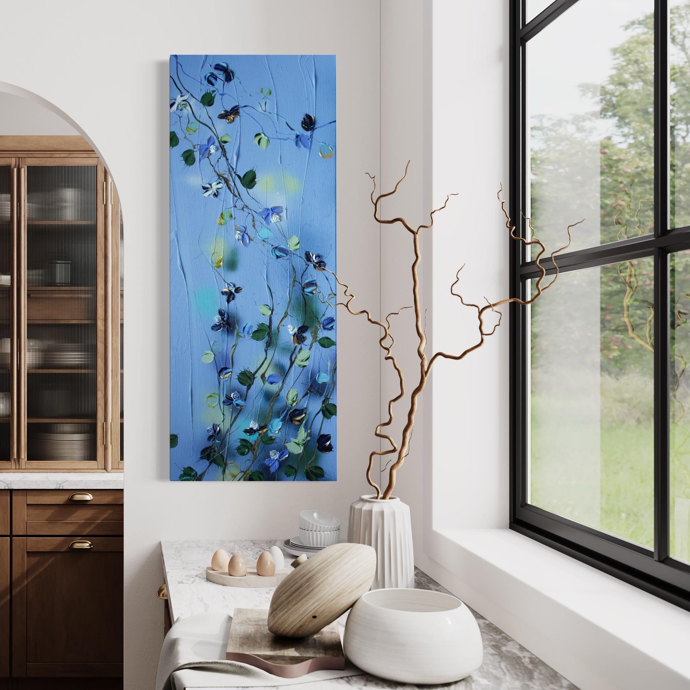“Blue Spring II” long floral art, landscape format, textured art 10