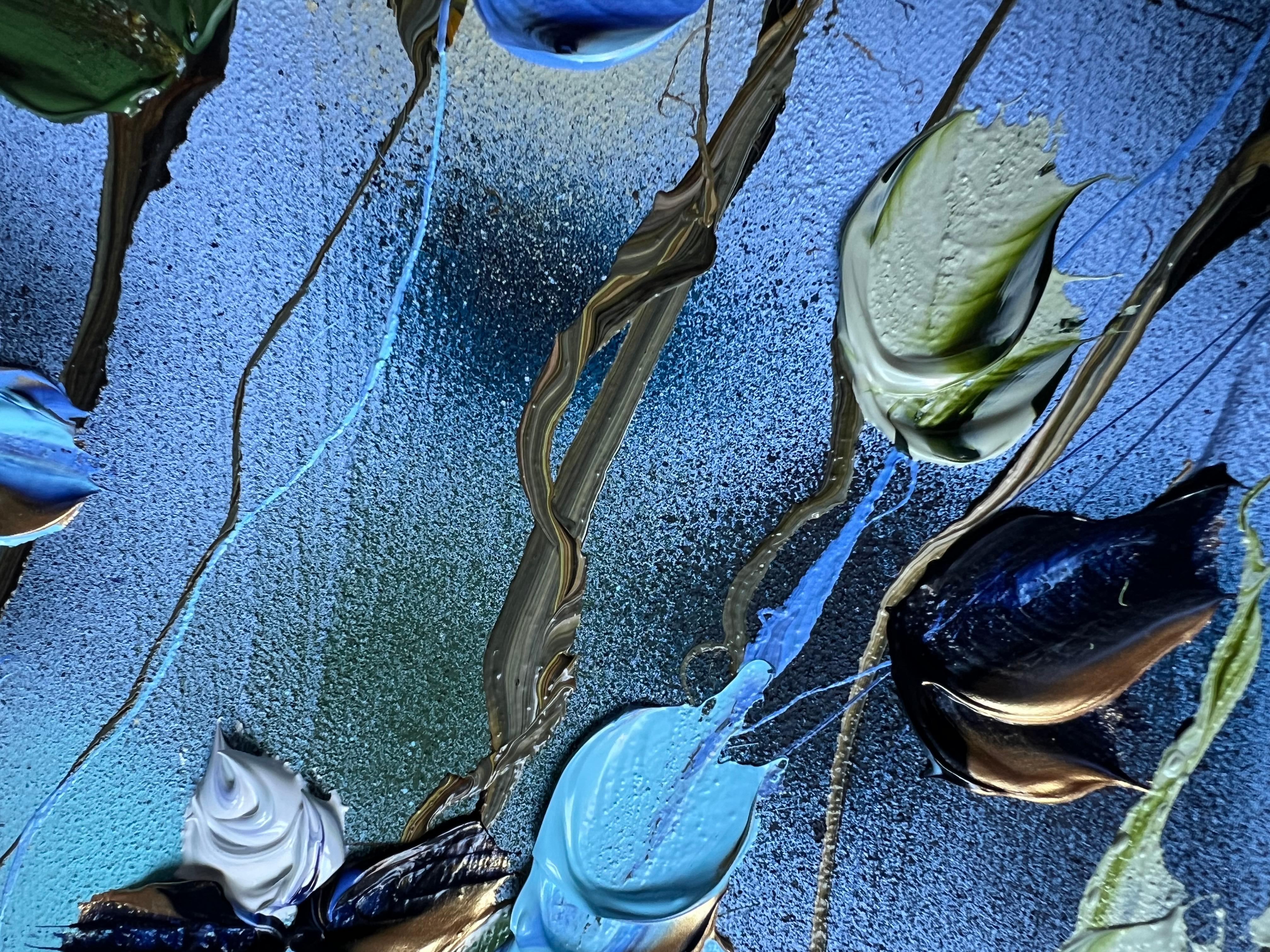 “Blue Spring II” long floral art, landscape format, textured art For Sale 14