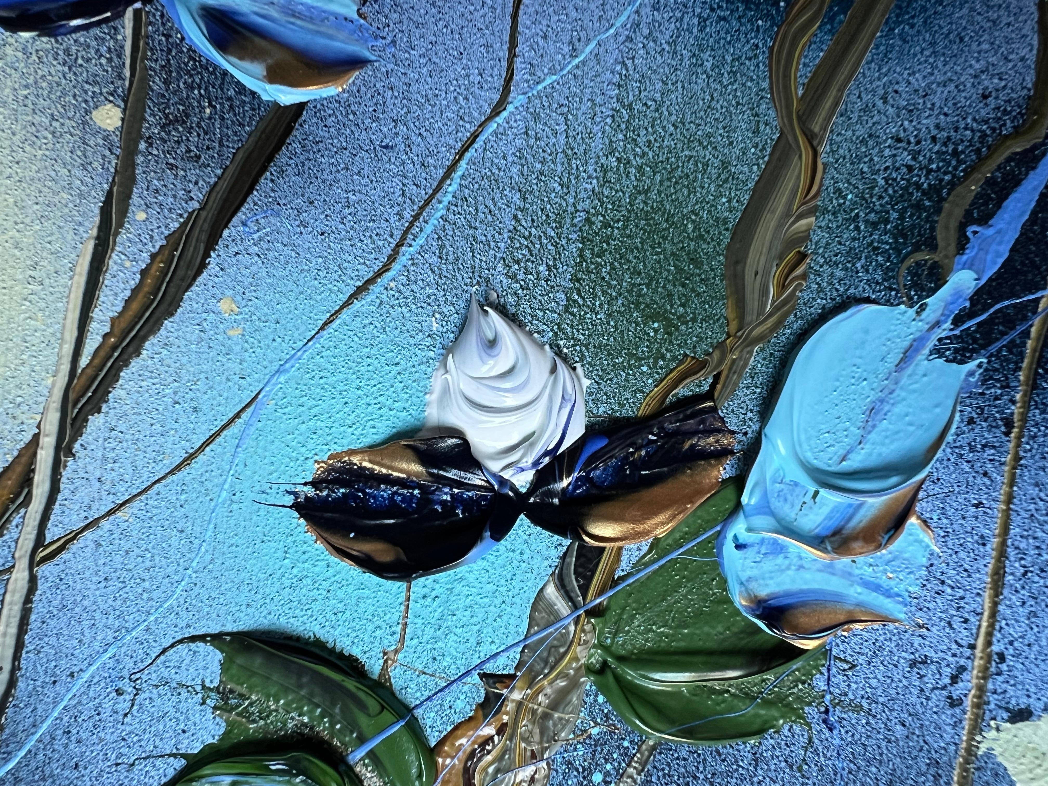 “Blue Spring II” long floral art, landscape format, textured art - Painting by Anastassia Skopp