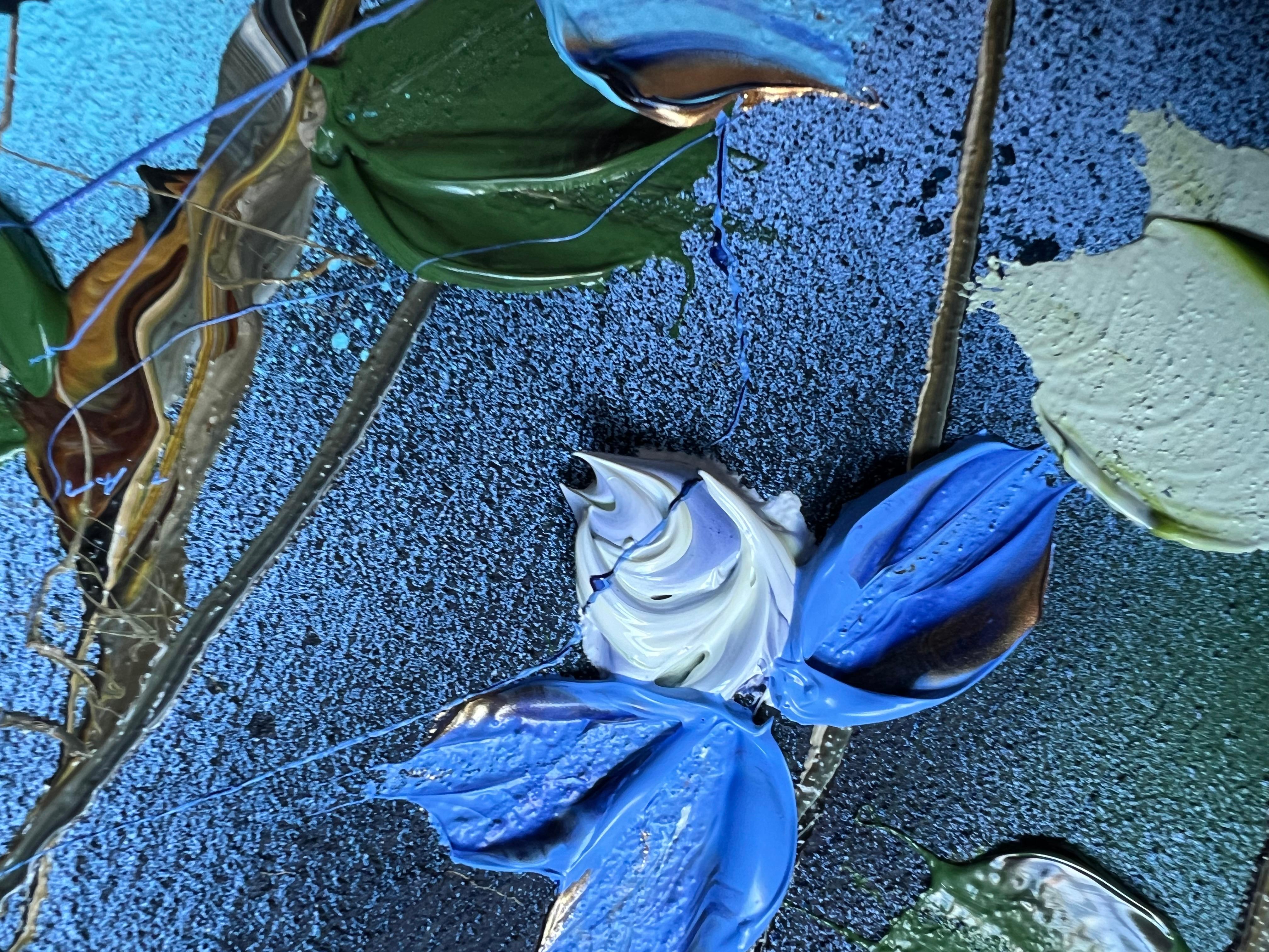 “Blue Spring II” long floral art, landscape format, textured art 1