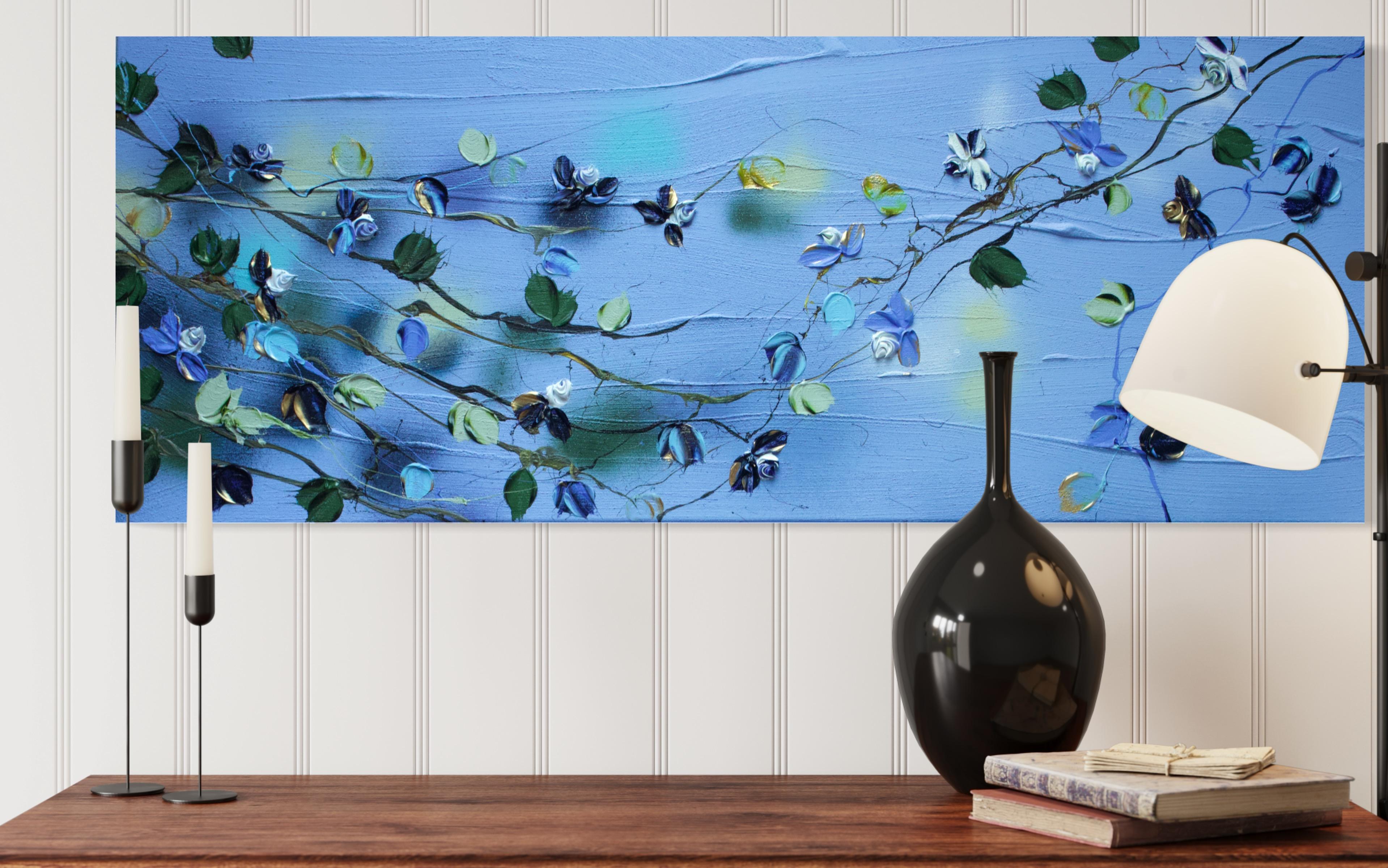 “Blue Spring II” long floral art, landscape format, textured art 3