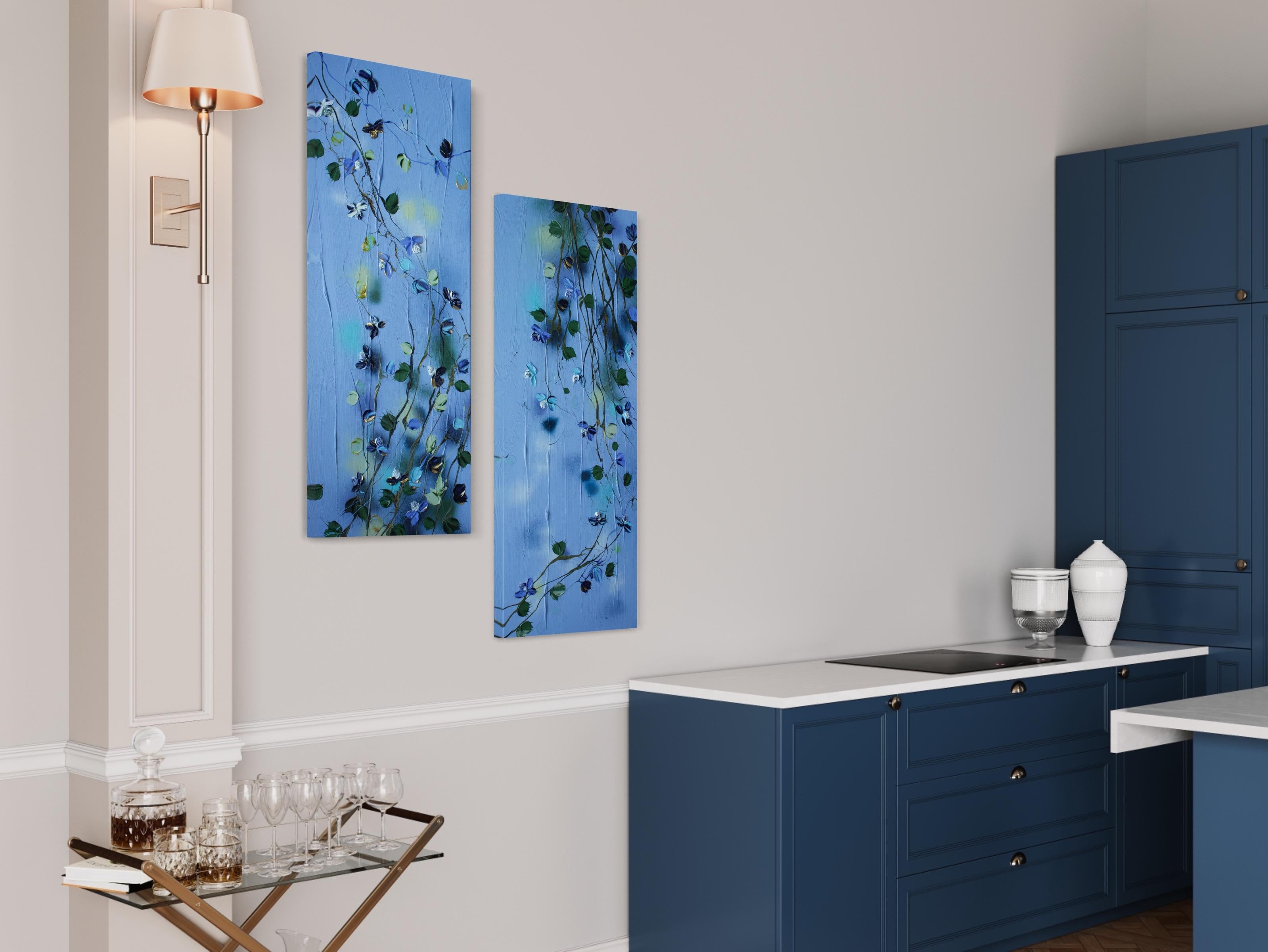 “Blue Spring II” long floral art, landscape format, textured art 4
