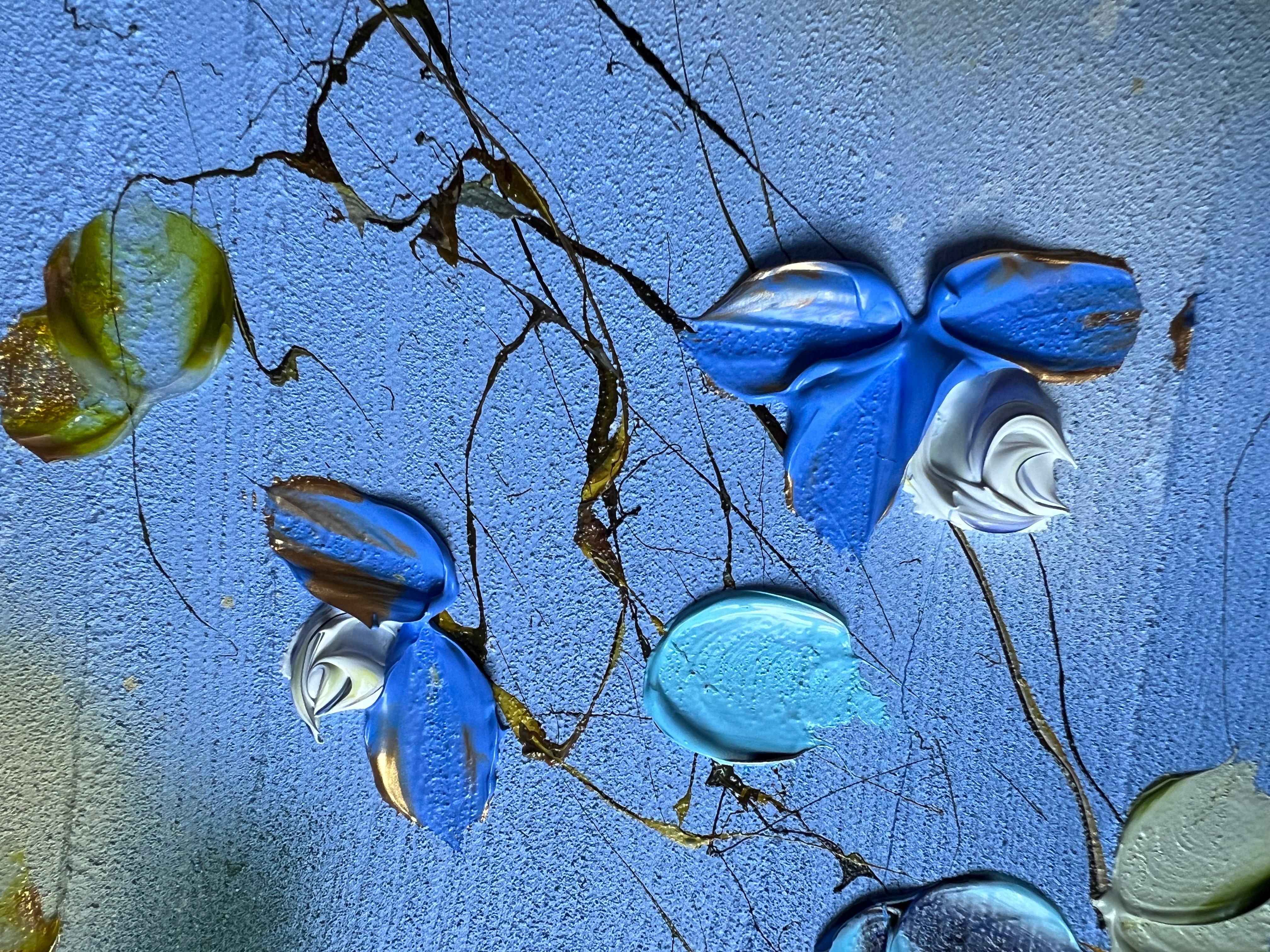 “Blue Spring II” long floral art, landscape format, textured art For Sale 5