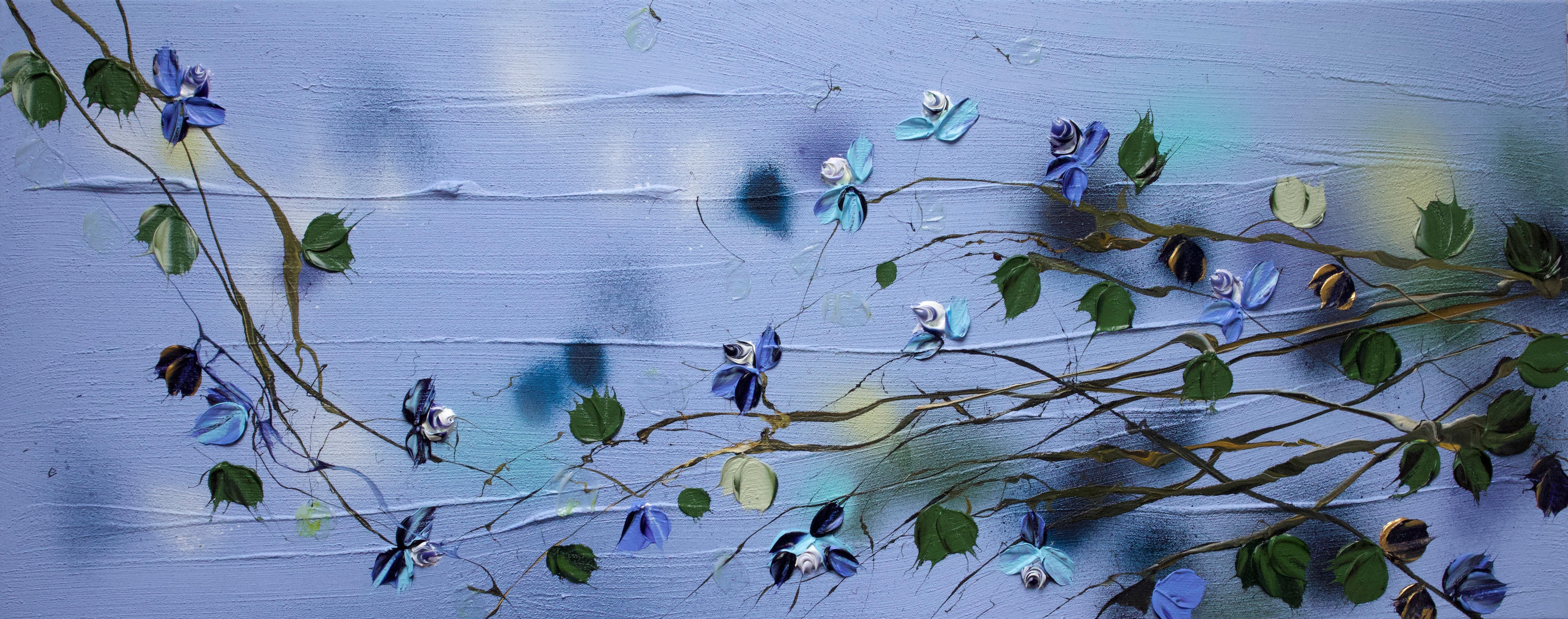 Anastassia Skopp Abstract Painting - "Blue Spring" long floral art, landscape format, textured art