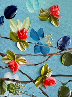 "Blue Stillness" light blue 3d impressionistic painting with flowers on canvas