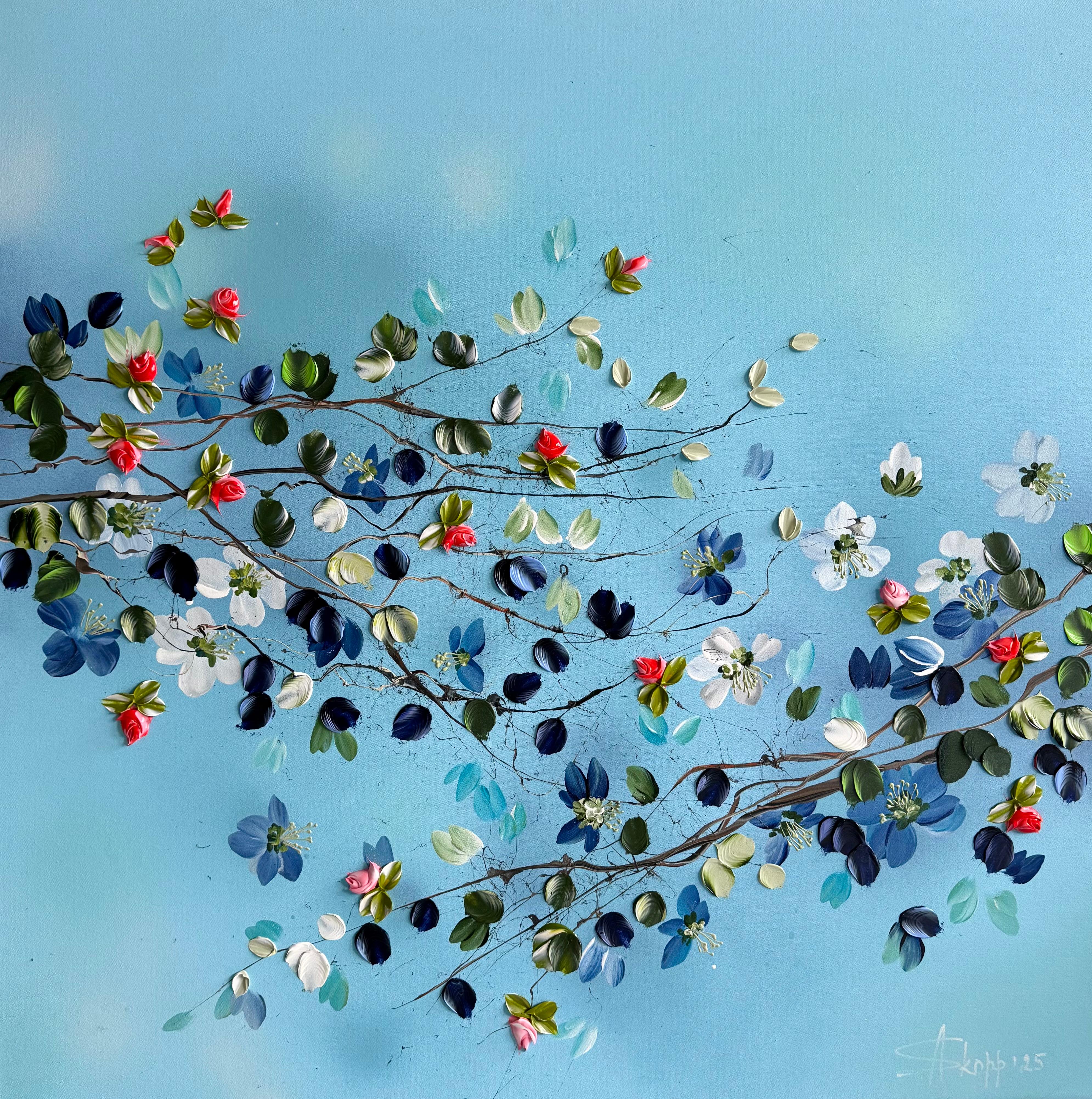 "Blue Stillness" light blue 3d impressionistic painting with flowers on canvas