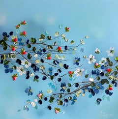 "Blue Stillness" light blue 3d impressionistic painting with flowers on canvas