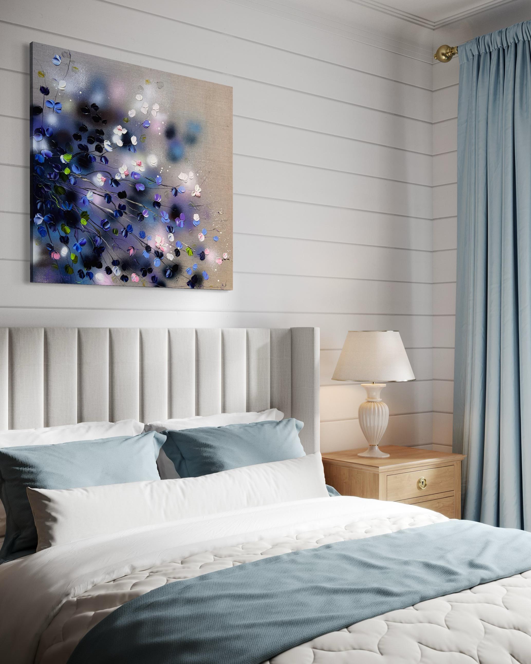 Blue-Violet Rose Bush - original impressionistic floral art on linen canvas For Sale 7