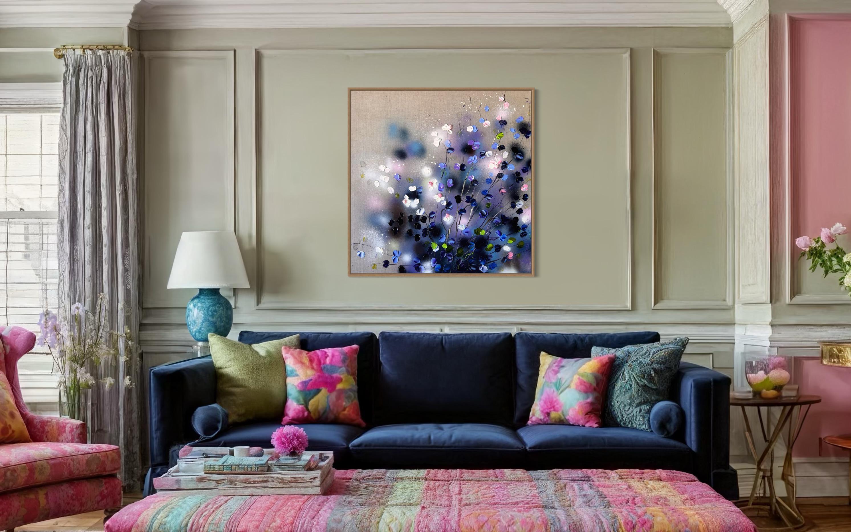 Blue-Violet Rose Bush - original impressionistic floral art on linen canvas For Sale 12