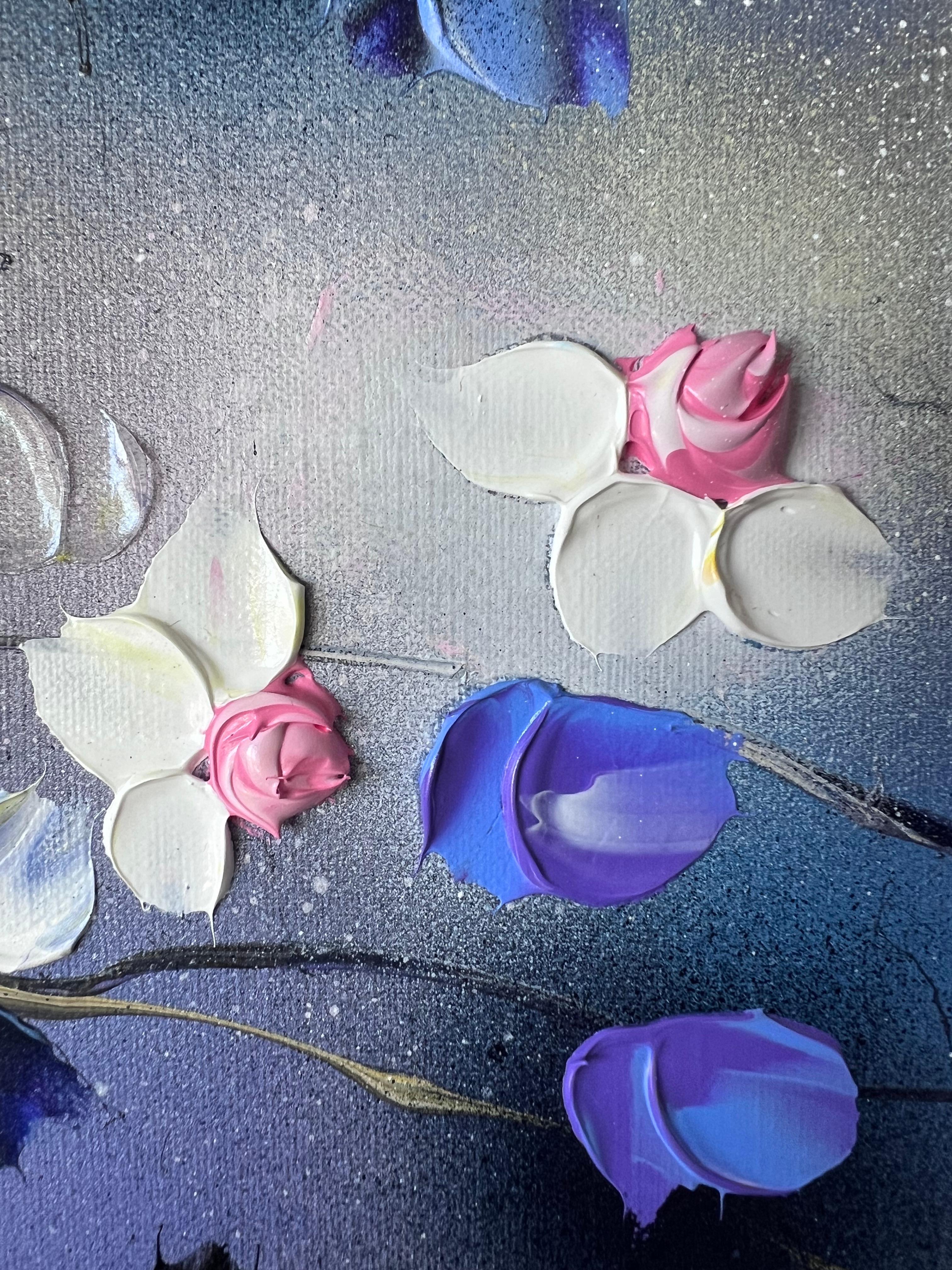 Blue-Violet Rose Bush - original impressionistic floral art on linen canvas - Abstract Painting by Anastassia Skopp