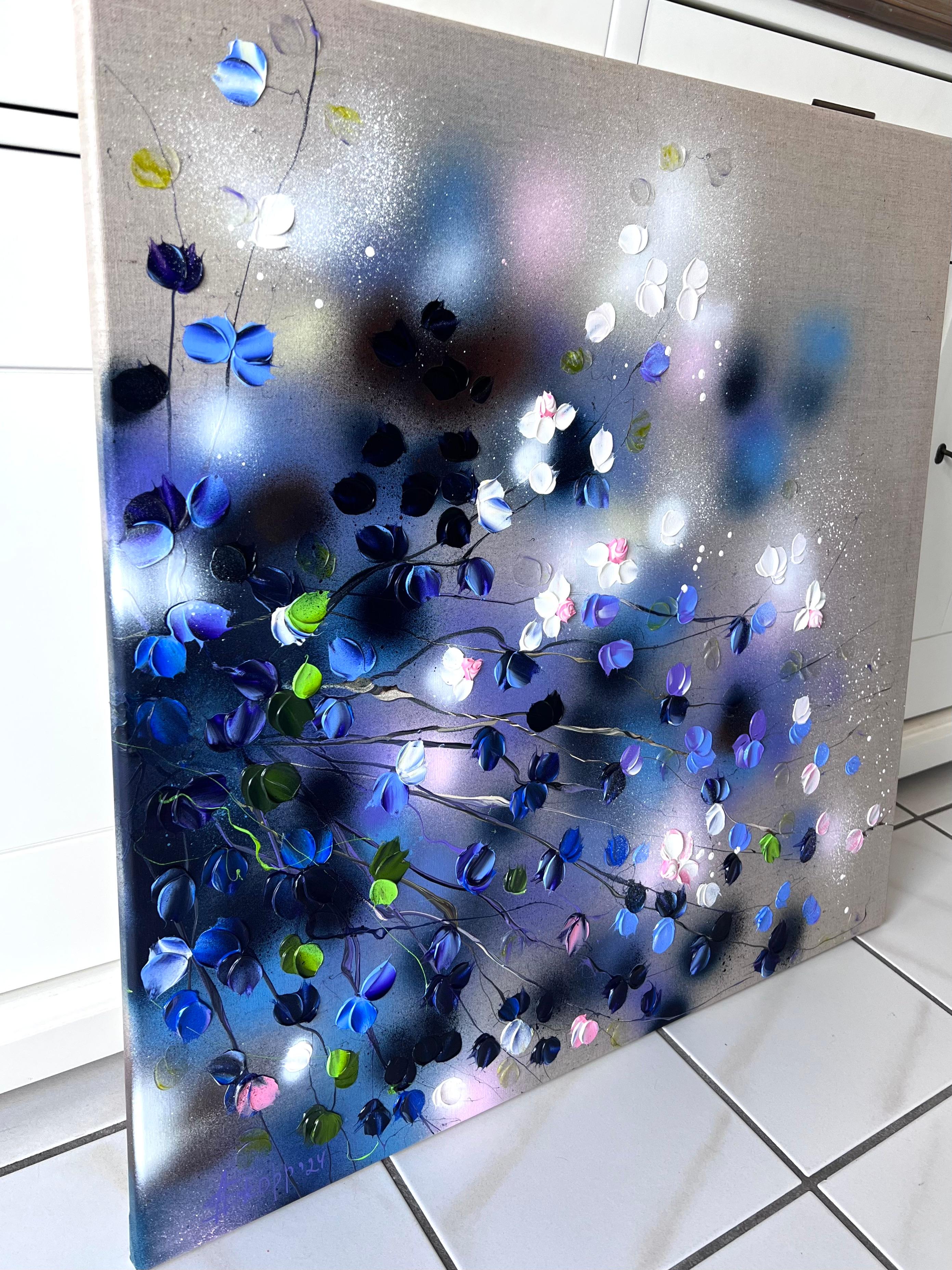 Blue-Violet Rose Bush - original impressionistic floral art on linen canvas - Gray Landscape Painting by Anastassia Skopp
