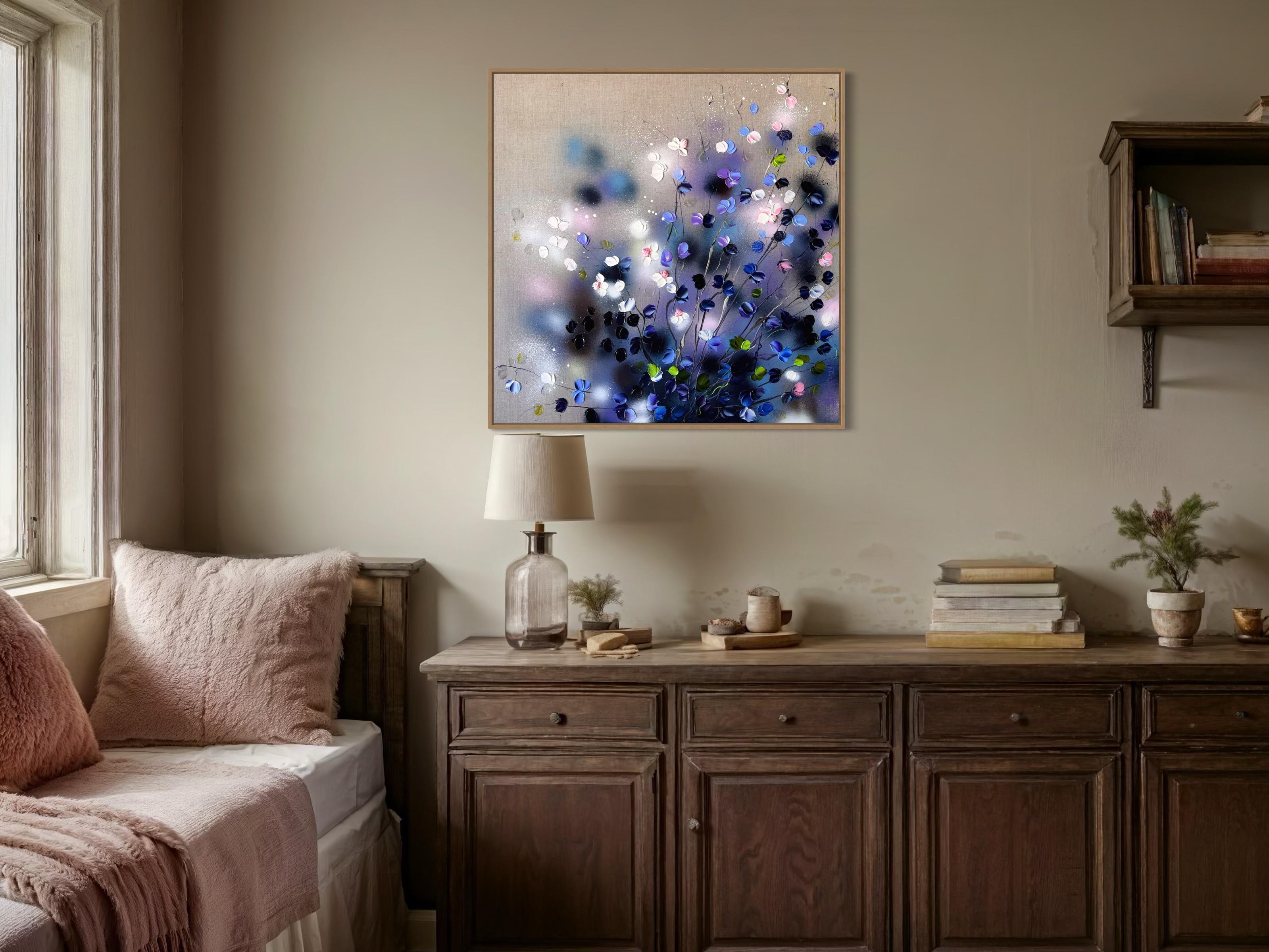 Blue-Violet Rose Bush - original impressionistic floral art on linen canvas For Sale 1