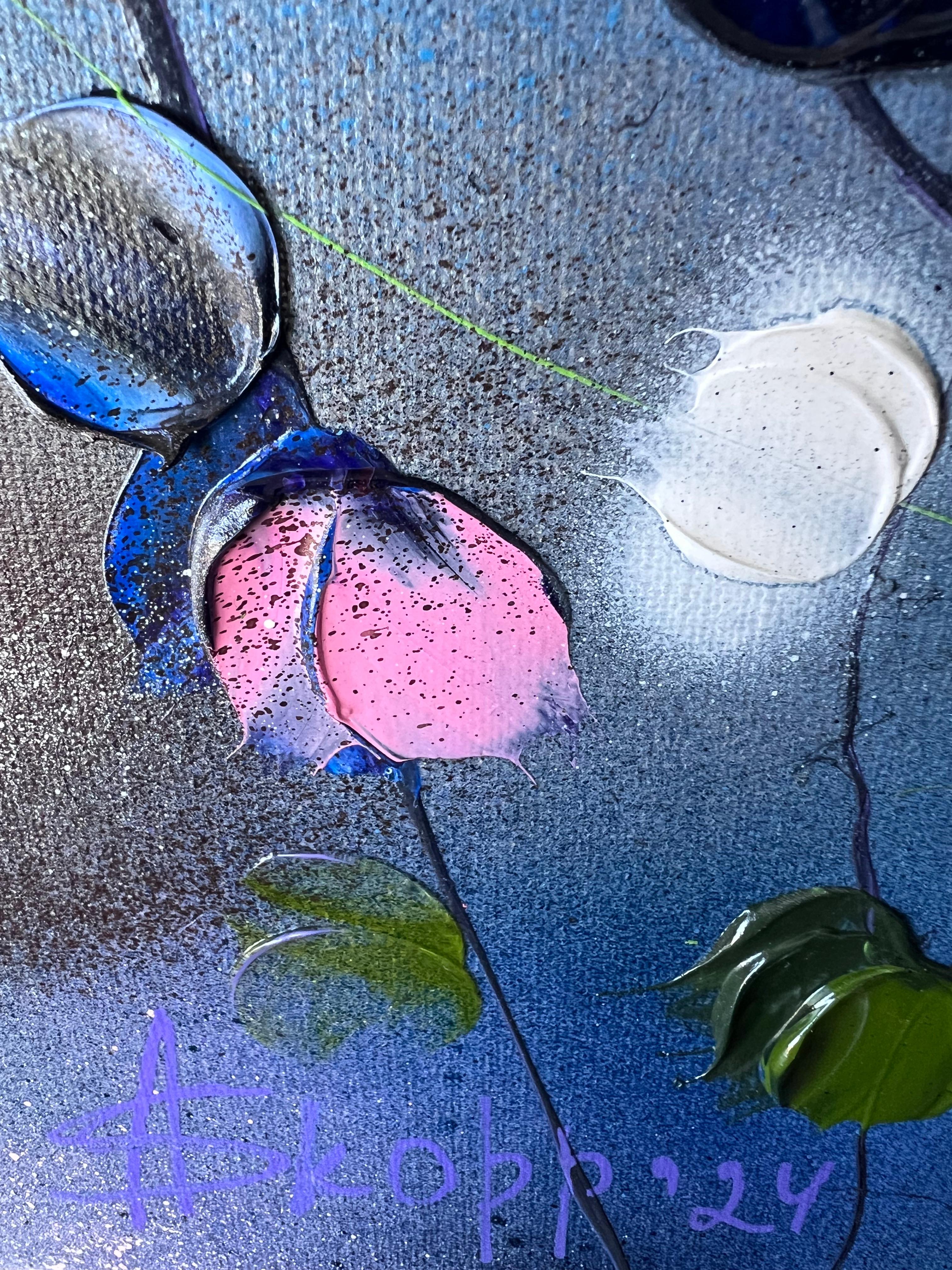 Blue-Violet Rose Bush - original impressionistic floral art on linen canvas For Sale 3