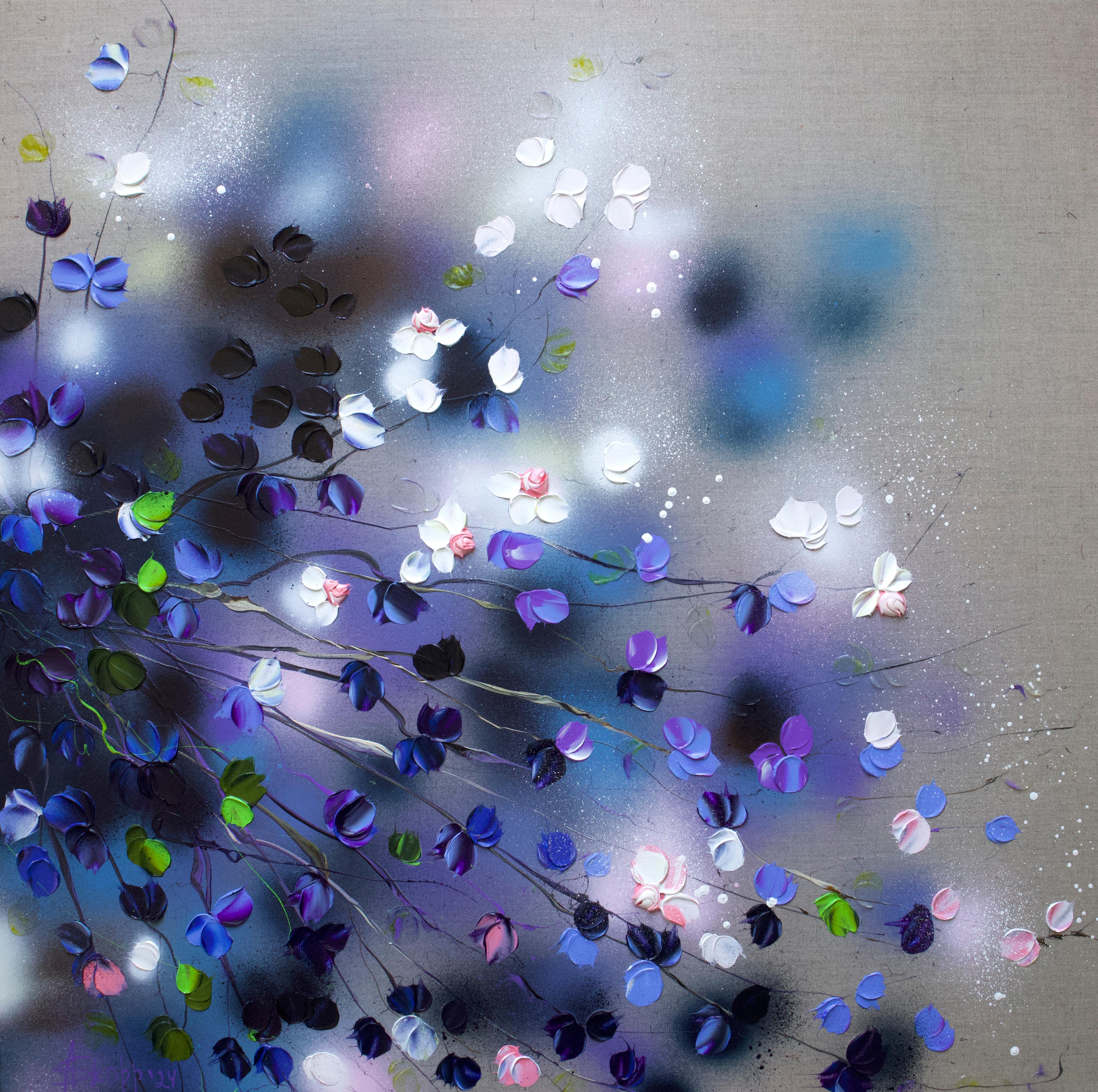 Rosal azul-violeta - arte floral impresionista original sobre lienzo de lino