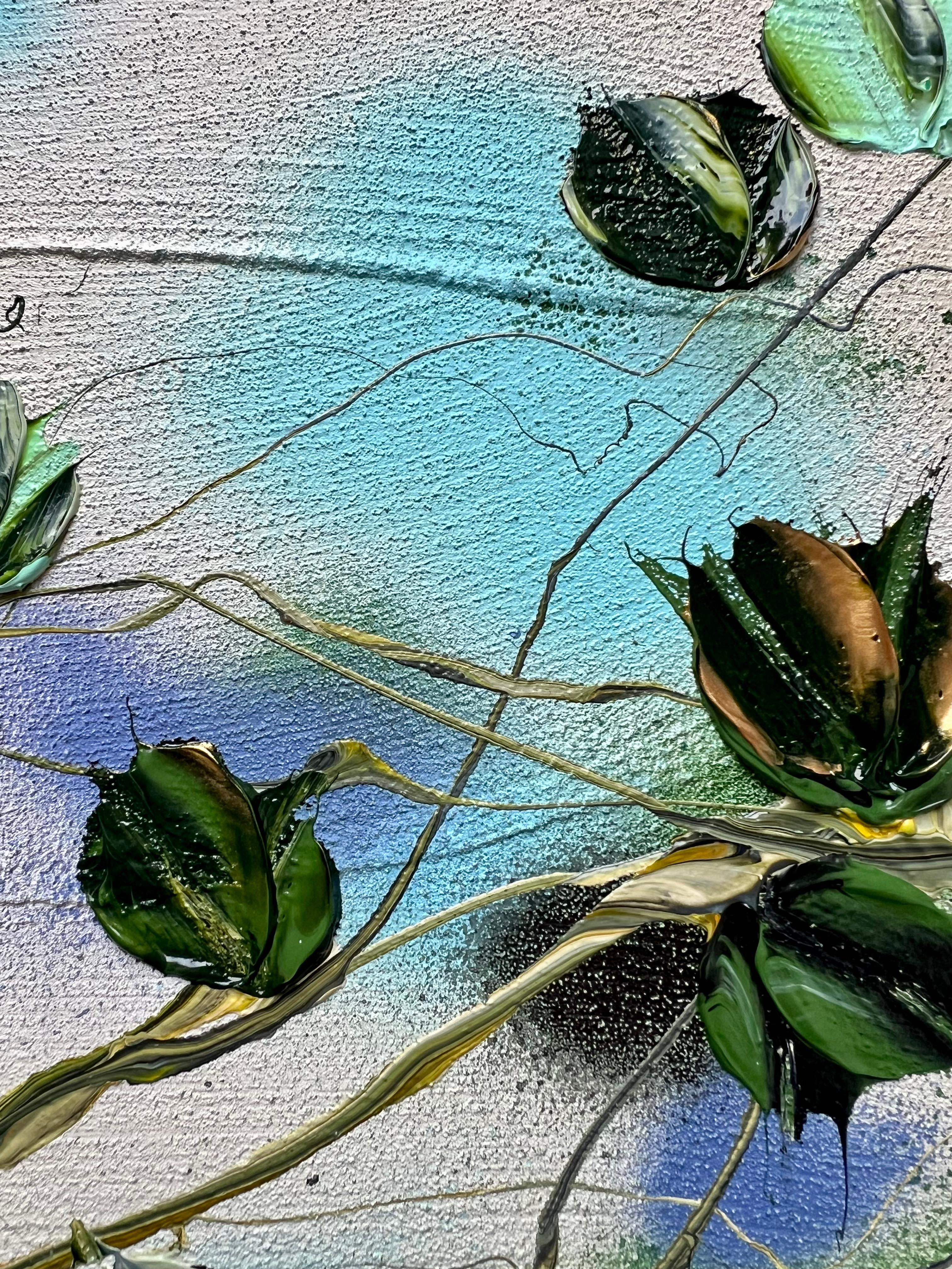 Vertical allure graces this 100x50x2 cm (39,4 х 19,7 х 0,8 inches) canvas, a harmonious fusion of my contemporary flair with a touch of Impressionism. The subtle texture beneath, crafted with coarse structural paste, forms the backdrop for delicate