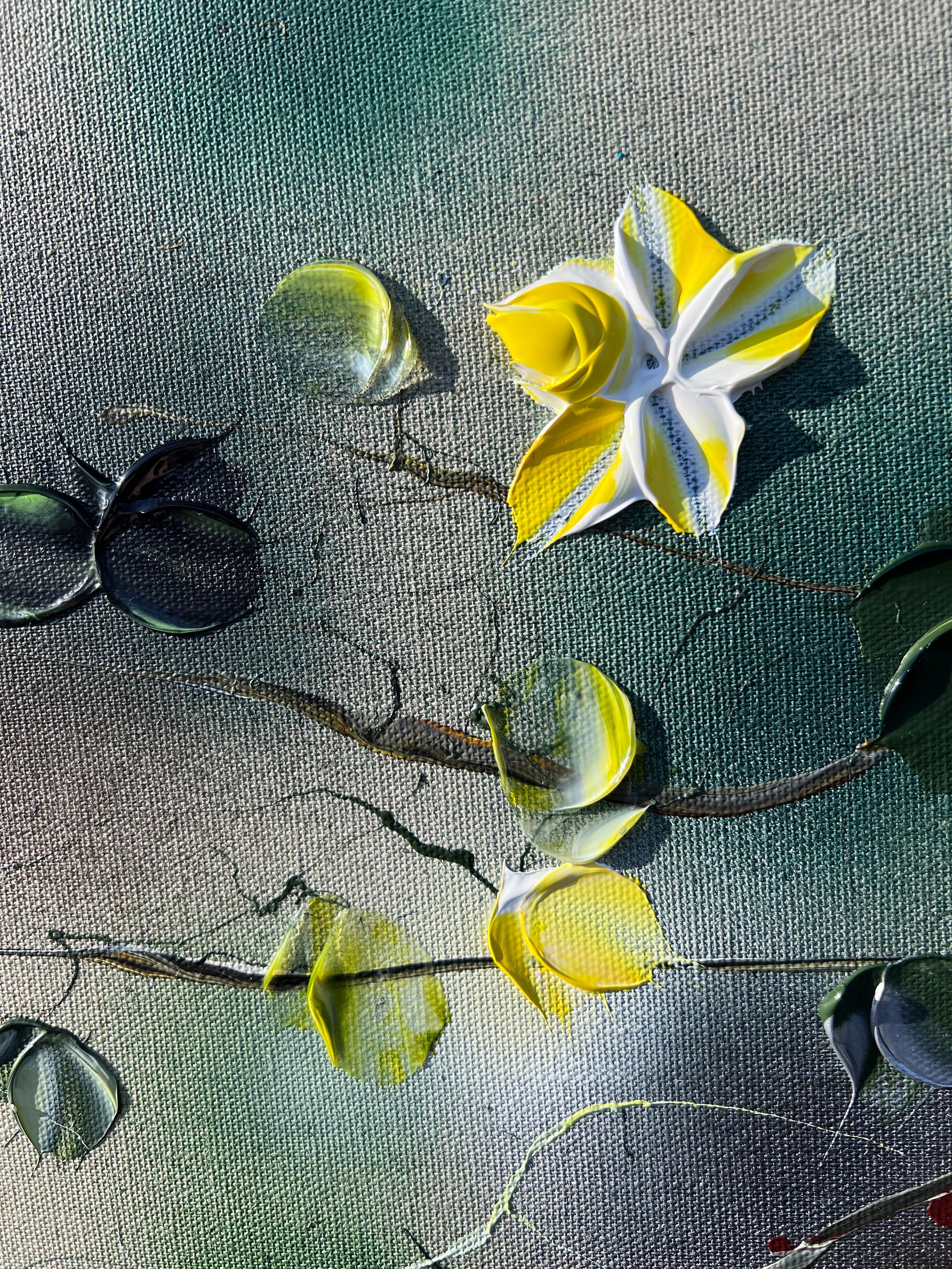 Calm Summer Evening - original impressionistic yellow roses on linen canvas - Painting by Anastassia Skopp