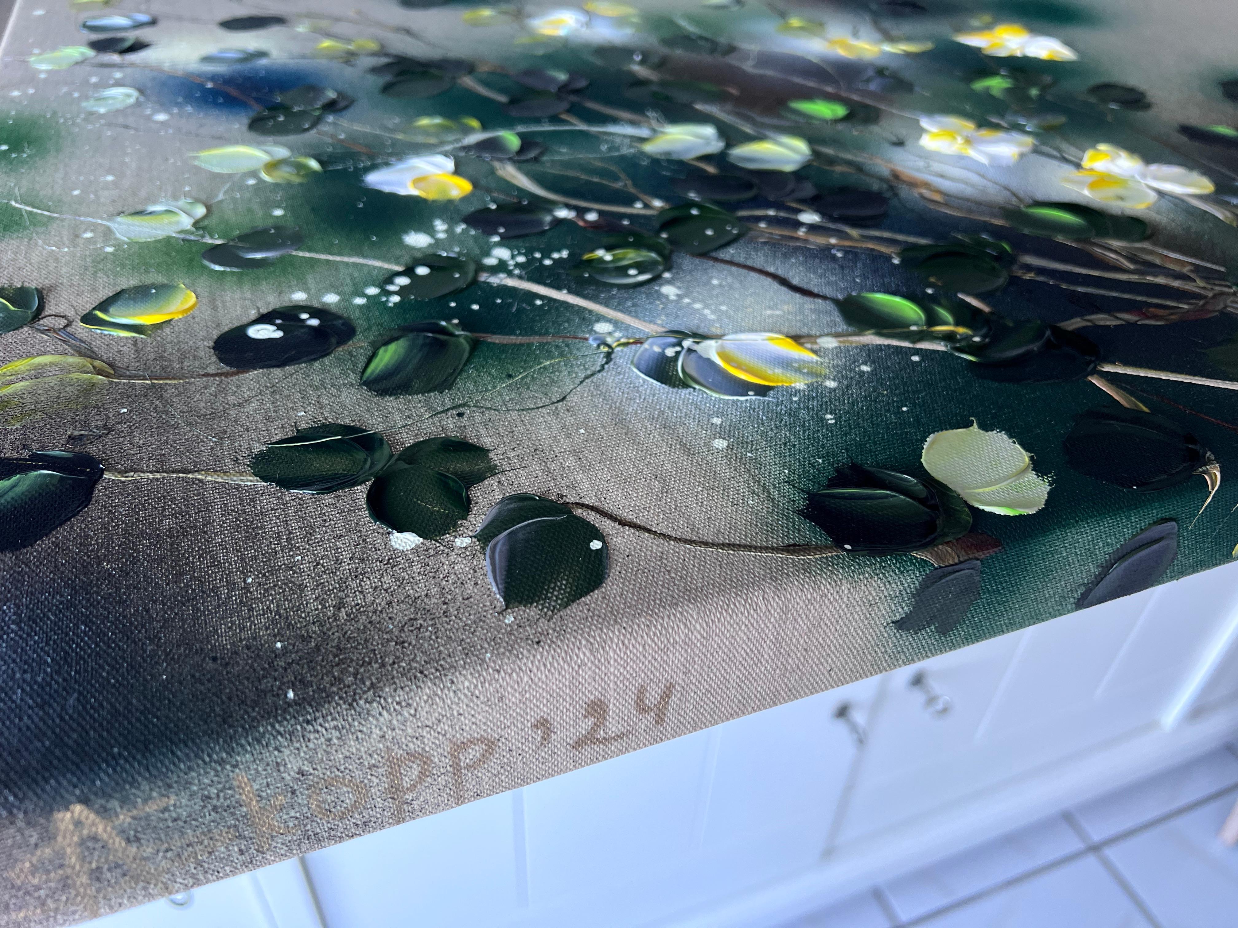 Calm Summer Evening - original impressionistic yellow roses on linen canvas - Yellow Landscape Painting by Anastassia Skopp