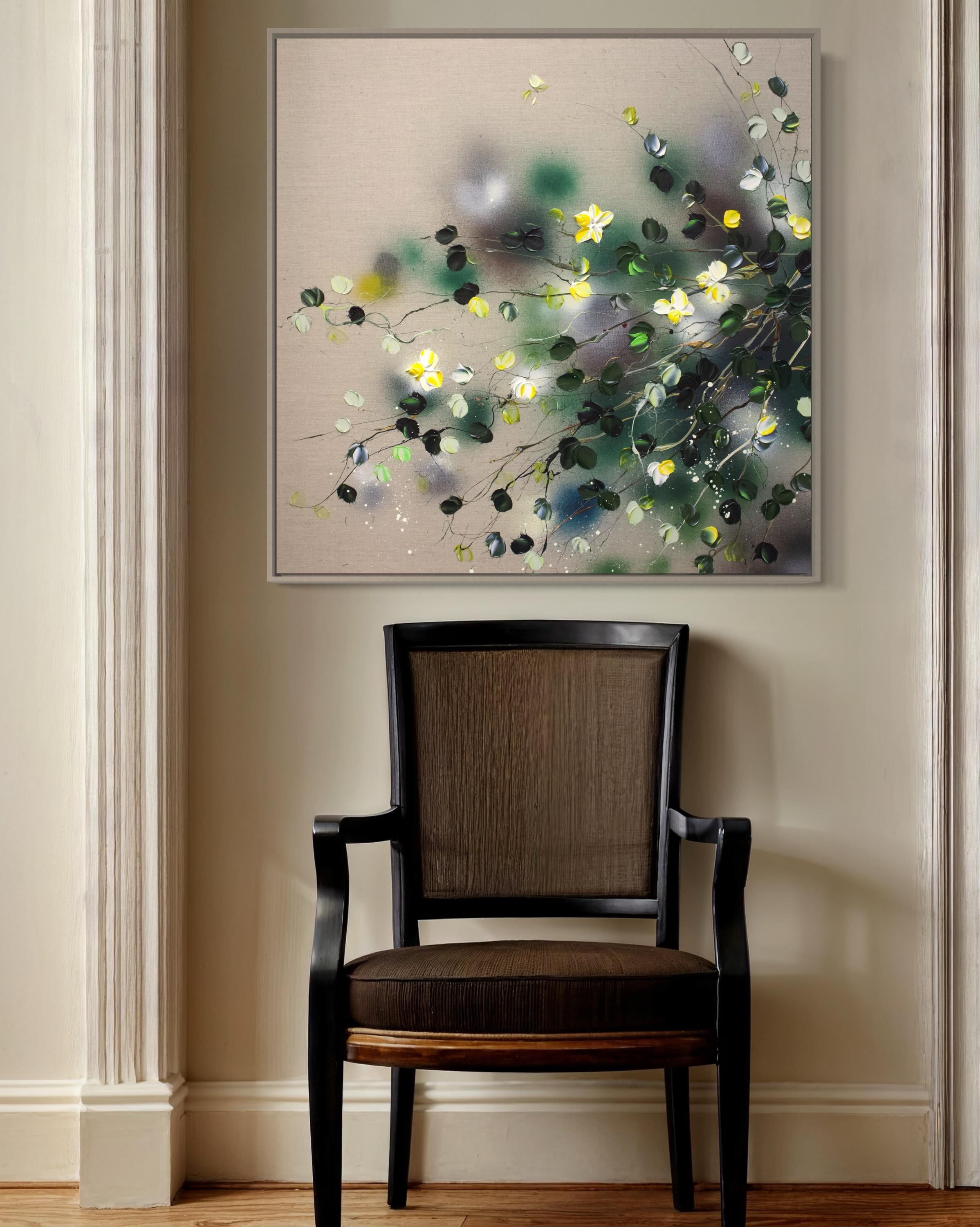 Calm Summer Evening - original impressionistic yellow roses on linen canvas For Sale 1