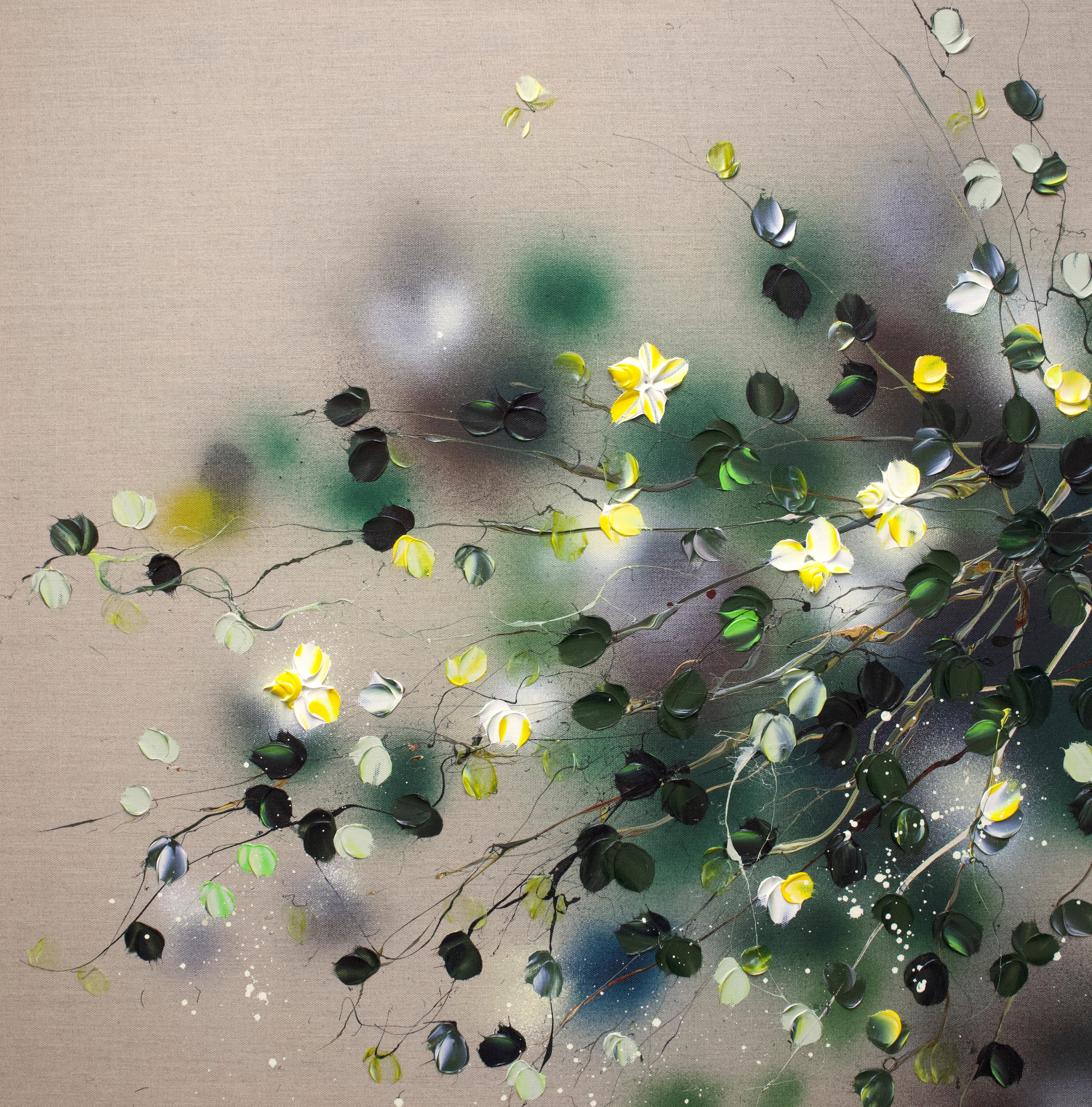 Calm Summer Evening - original impressionistic yellow roses on linen canvas
