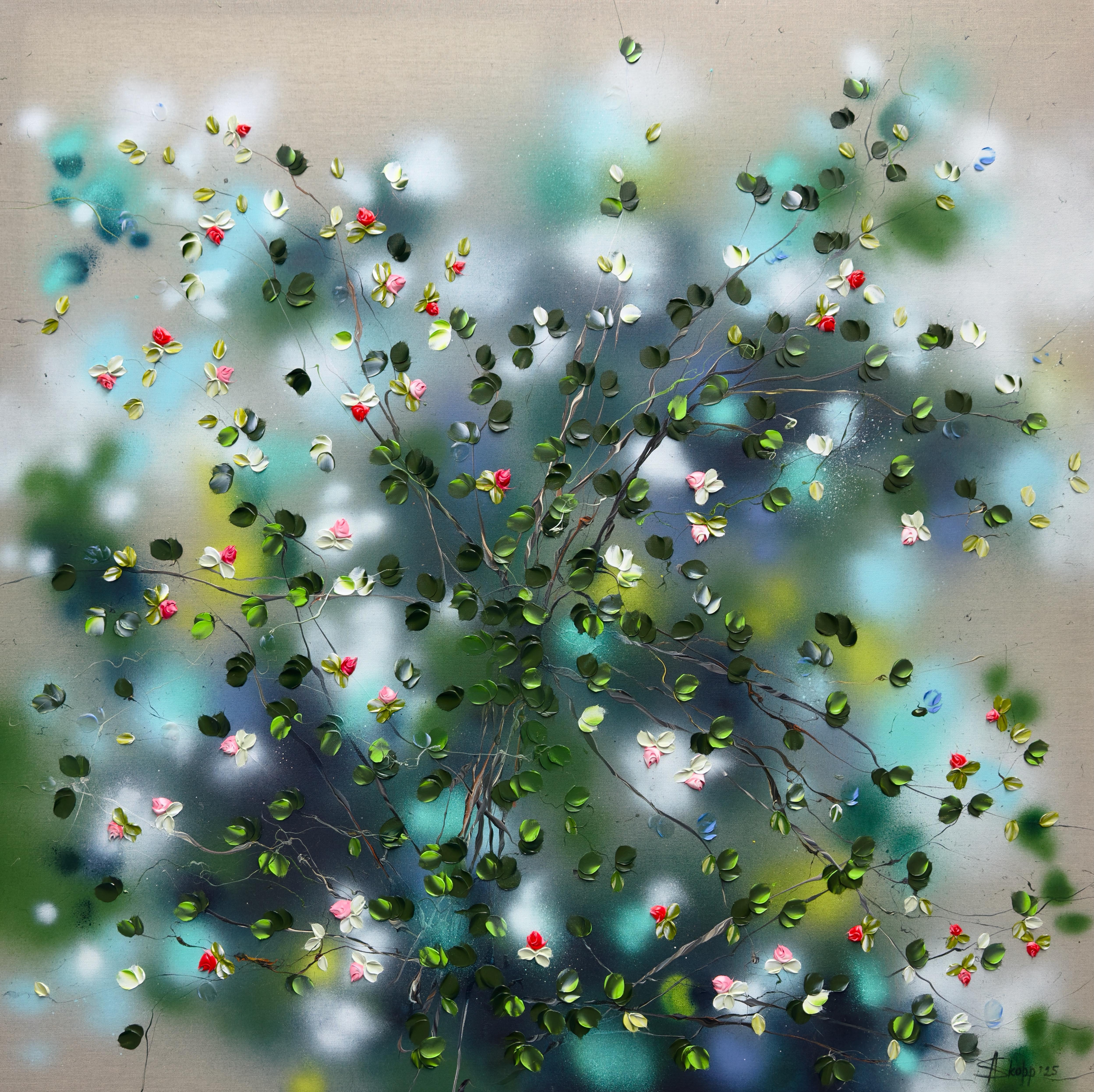 "Été calme  Grande peinture sur toile de lin, jardin de roses, 3d