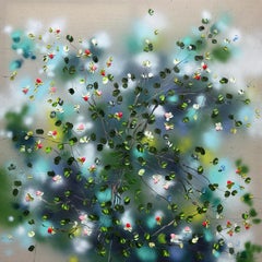"Été calme  Grande peinture sur toile de lin, jardin de roses, 3d