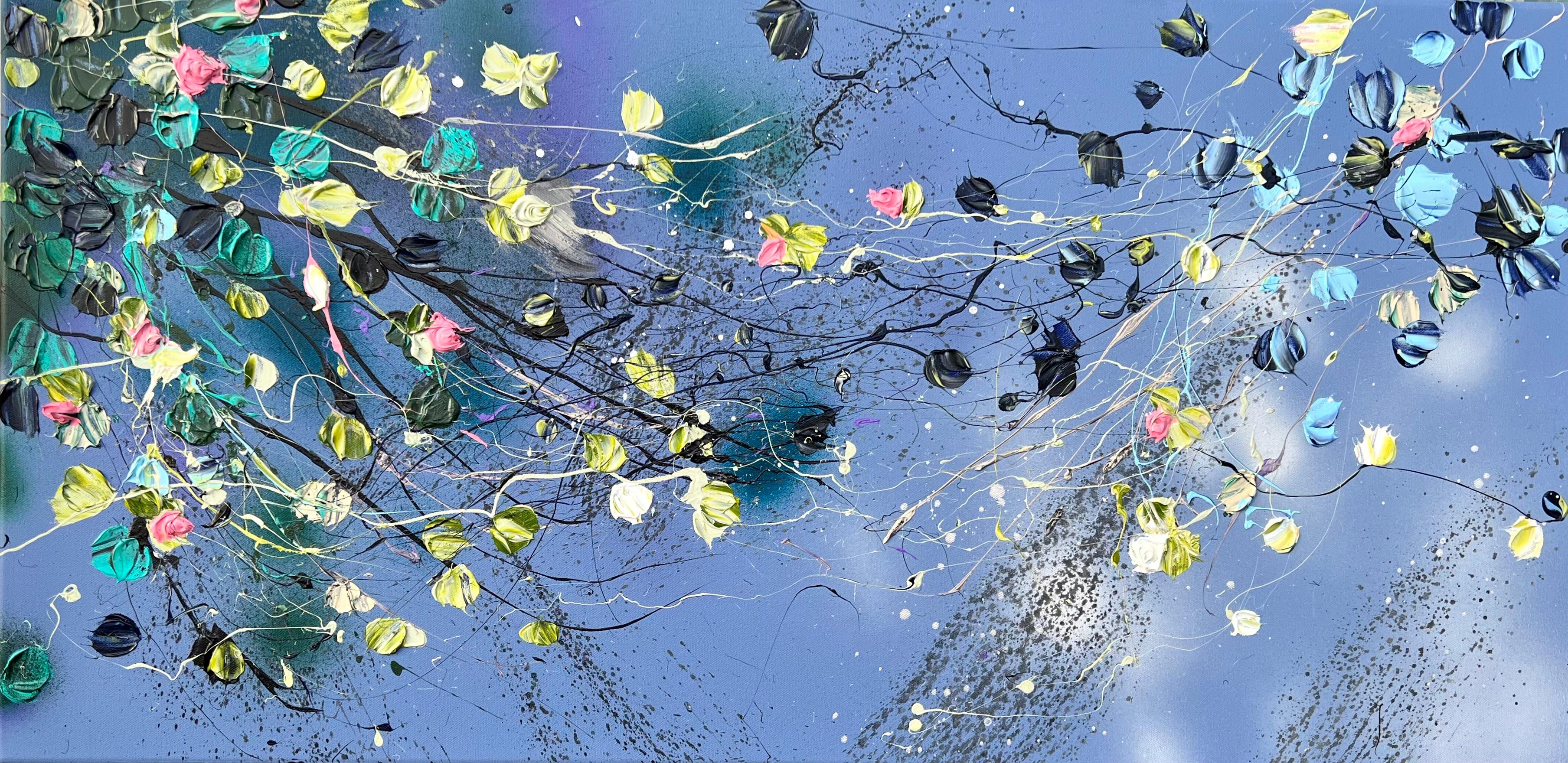 "Dance De Fleurs" floral art in light blue, landscape format, textured art