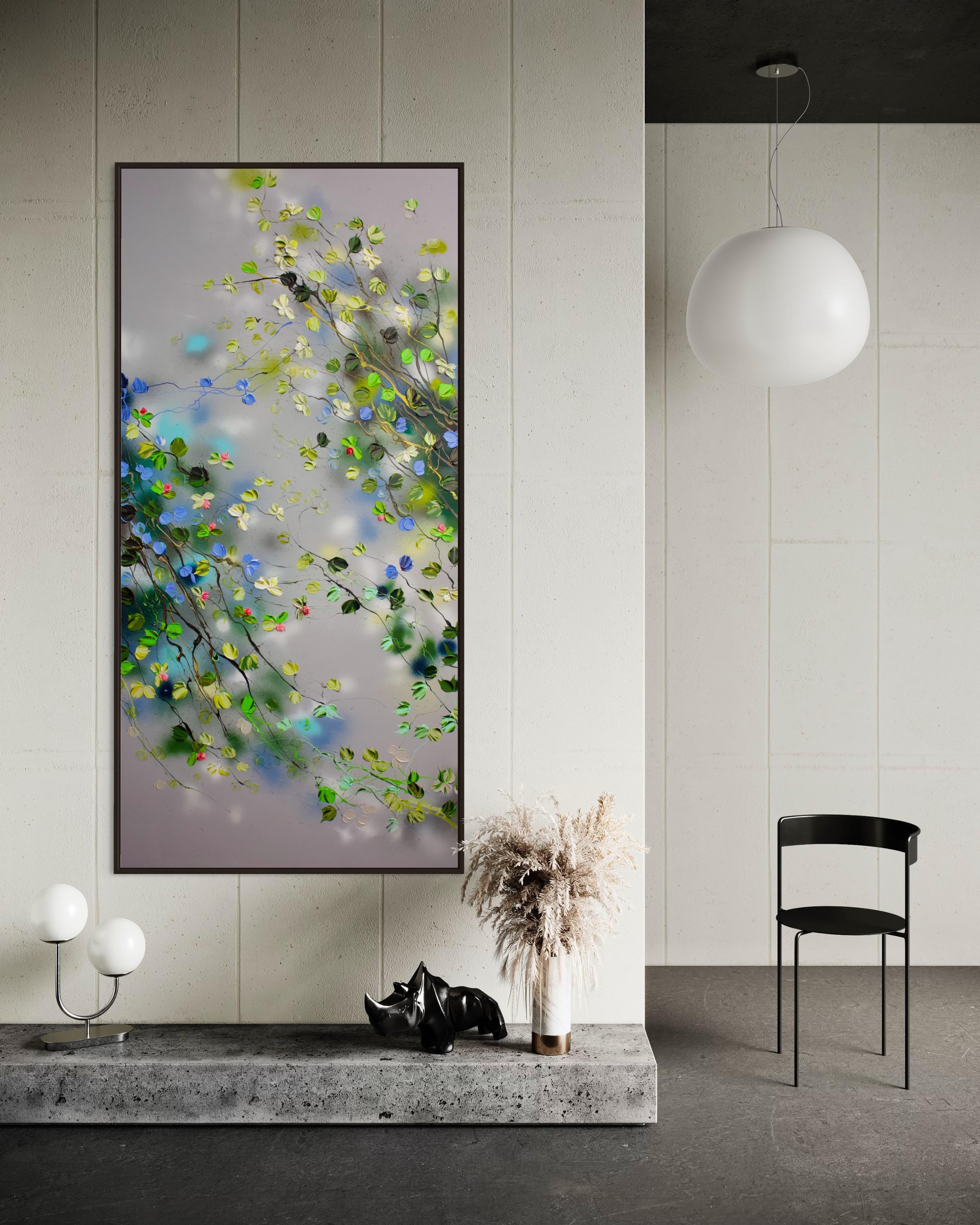 « December Sky: Blooms in Silence », très grande peinture florale, format paysage en vente 4