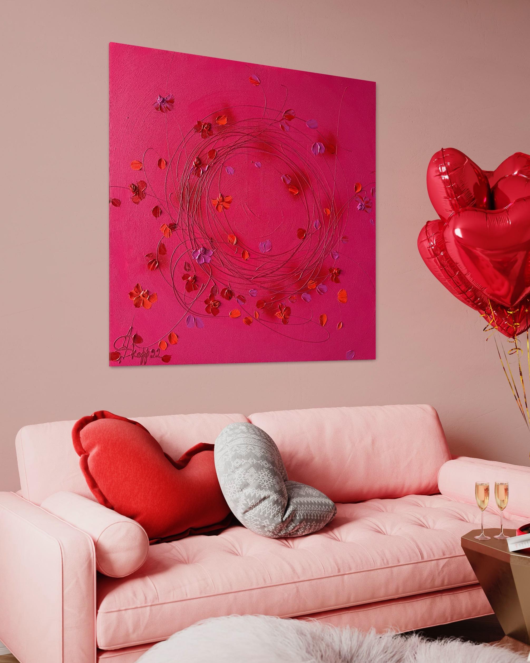 Voici un chef-d'œuvre floral époustouflant dans la couleur Pantone de l'année 2023 - Viva Magenta. Cette œuvre d'art acrylique texturée sur toile mesure 90x90x2 cm et présente un ensemble captivant de roses rouges qui sont tridimensionnelles et