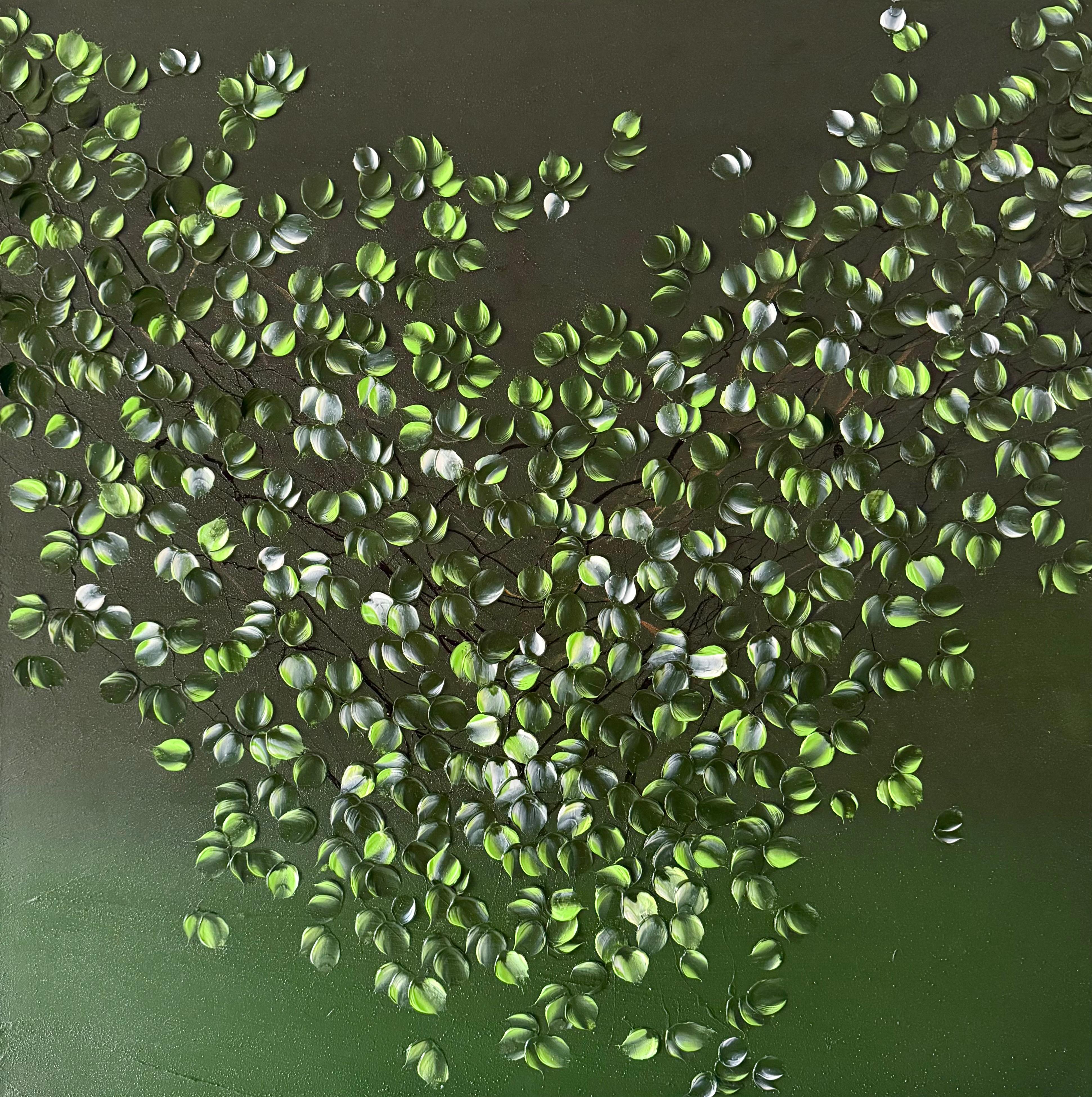 Emerald Calm - dark green contemporary floral colorful textured large painting