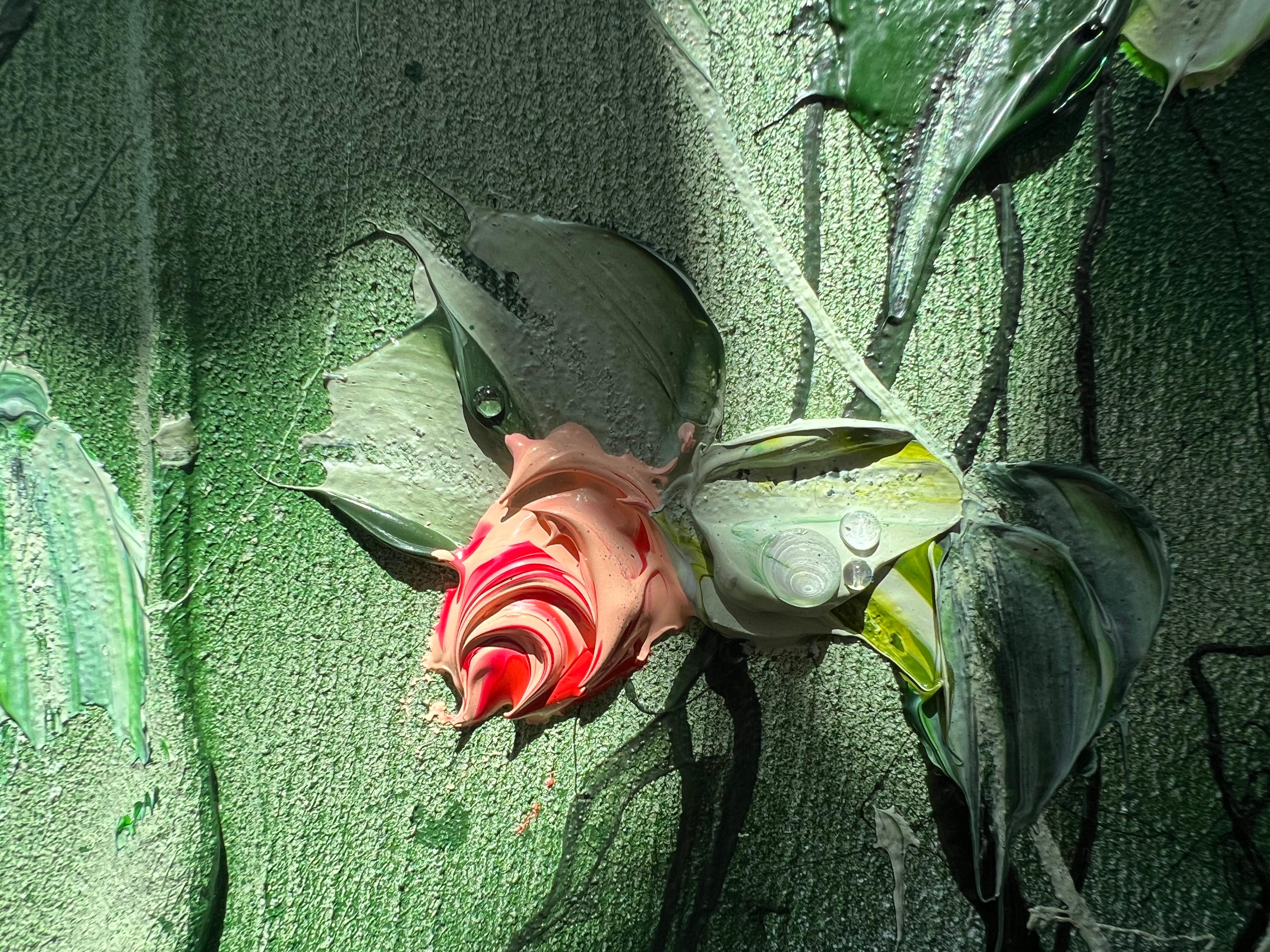 „Enchanted Hanakotoba“ Grün-Rose-Blumenkunst (Braun), Interior Painting, von Anastassia Skopp