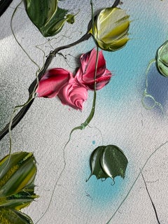 "Ethereal Stillness II" milk white extra large floral painting, landscape format