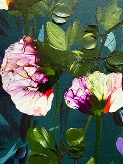 Evening Blossoms - large impasto pink roses vertical textured painting on canvas