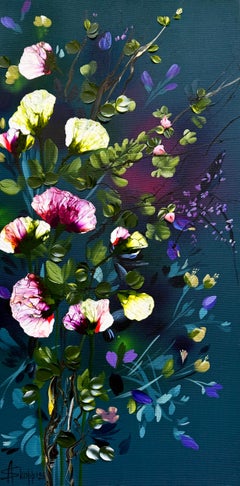 Evening Blossoms - large impasto pink roses vertical textured painting on canvas