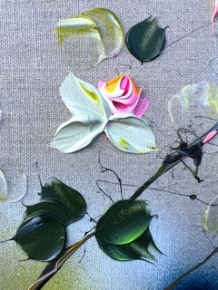 Evening Garden - original impressionistic painting with  roses on linen canvas