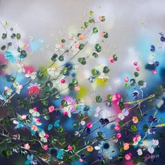 Evening Garden - original impressionistic painting with  roses on linen canvas