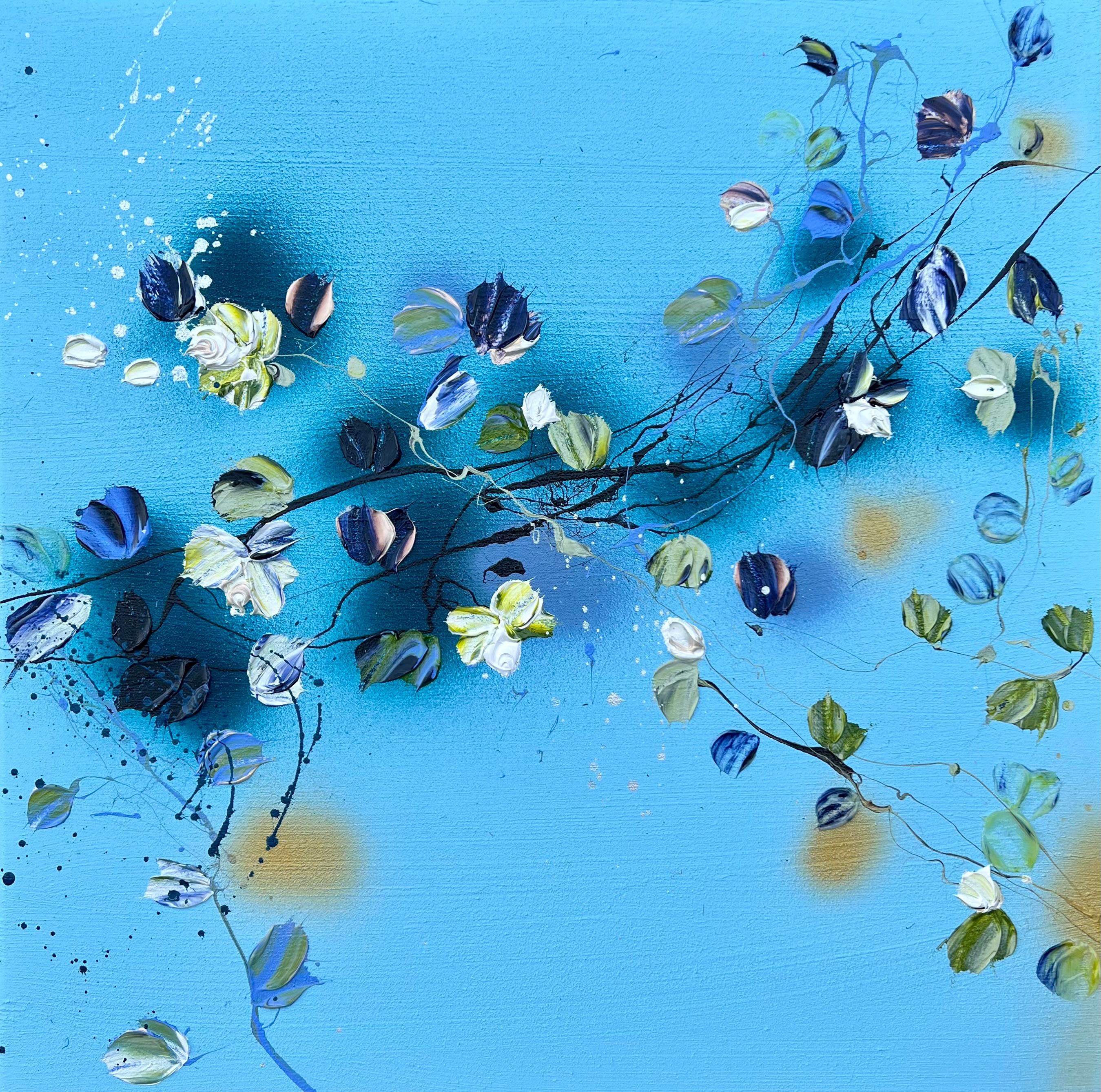 Abstract Painting Anastassia Skopp - Œuvre d'art florale bleue, ciel bleu II