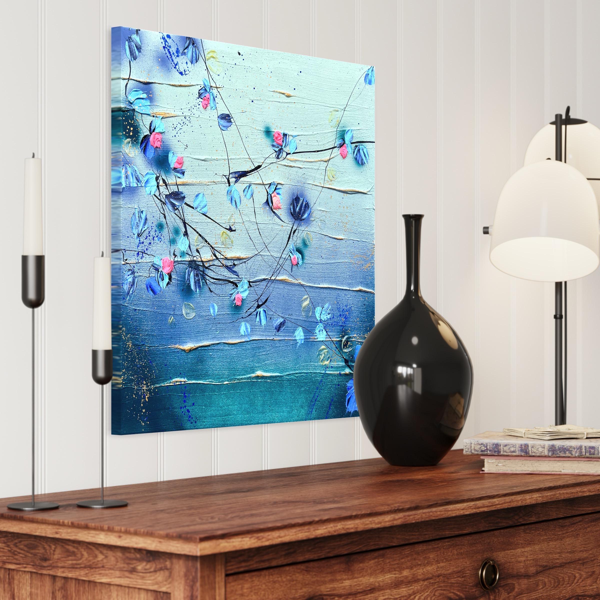 Texturiertes dunkelblaues impressionistisches Blumenkunstwerk „Bohemian Morning II“ im Angebot 5