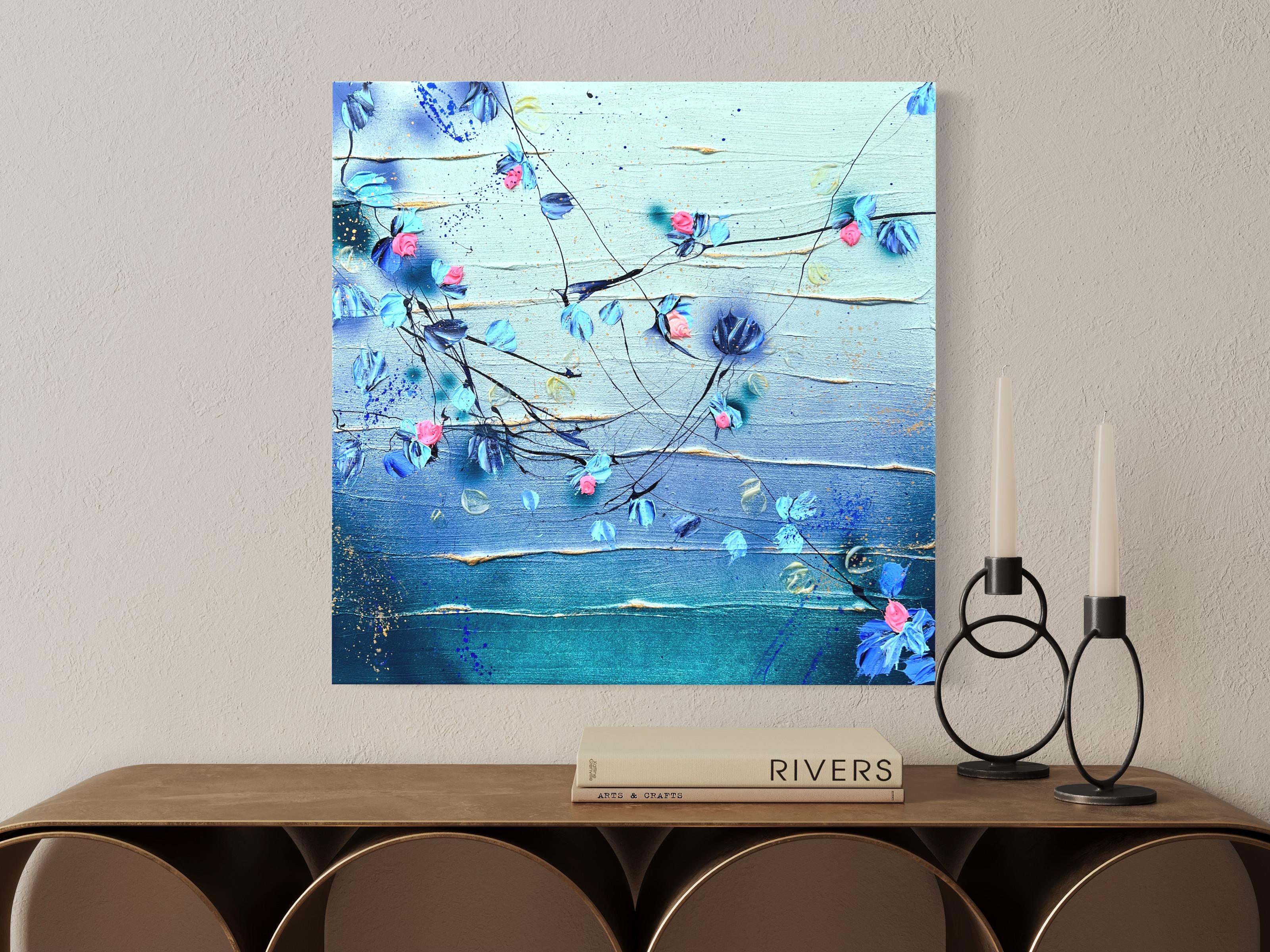 Texturiertes dunkelblaues impressionistisches Blumenkunstwerk „Bohemian Morning II“ im Angebot 6