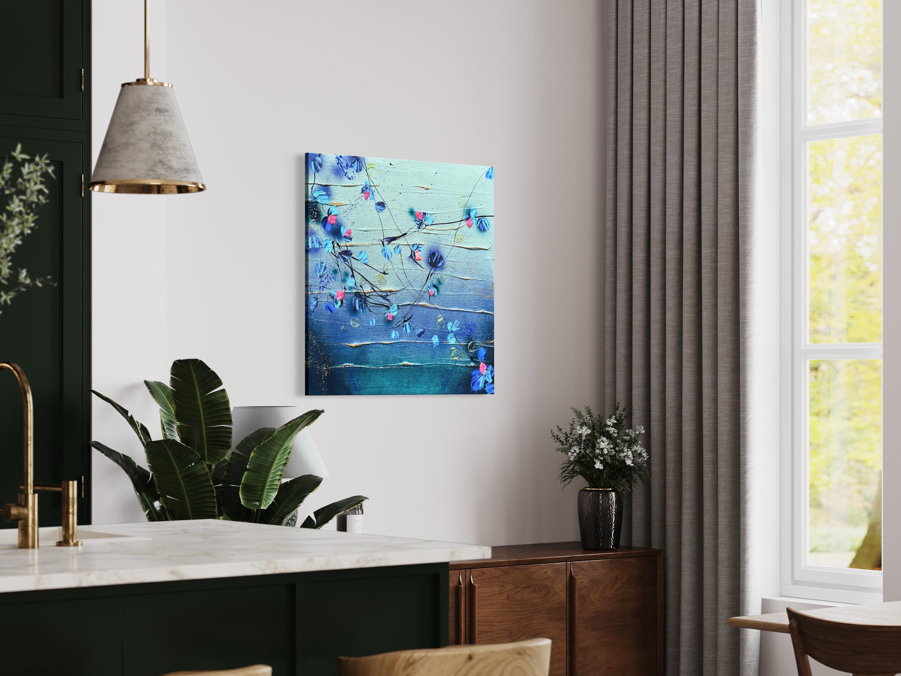 Texturiertes dunkelblaues impressionistisches Blumenkunstwerk „Bohemian Morning II“ (Abstrakter Expressionismus), Painting, von Anastassia Skopp