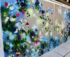 "Paisaje Floral" díptico muy grande sobre lino, colorido arte impresionista