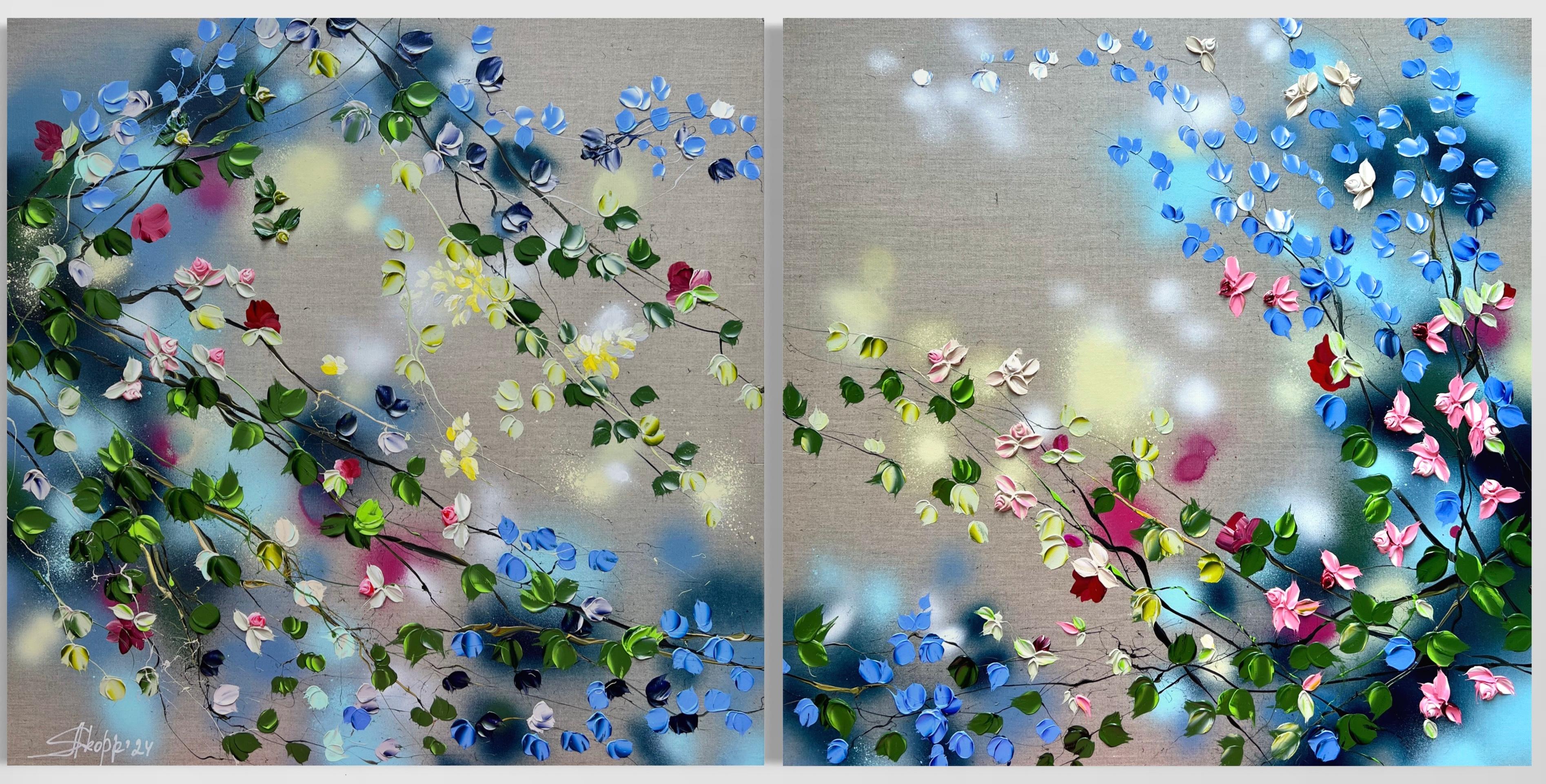 "Paisaje Floral" díptico muy grande sobre lino, colorido arte impresionista