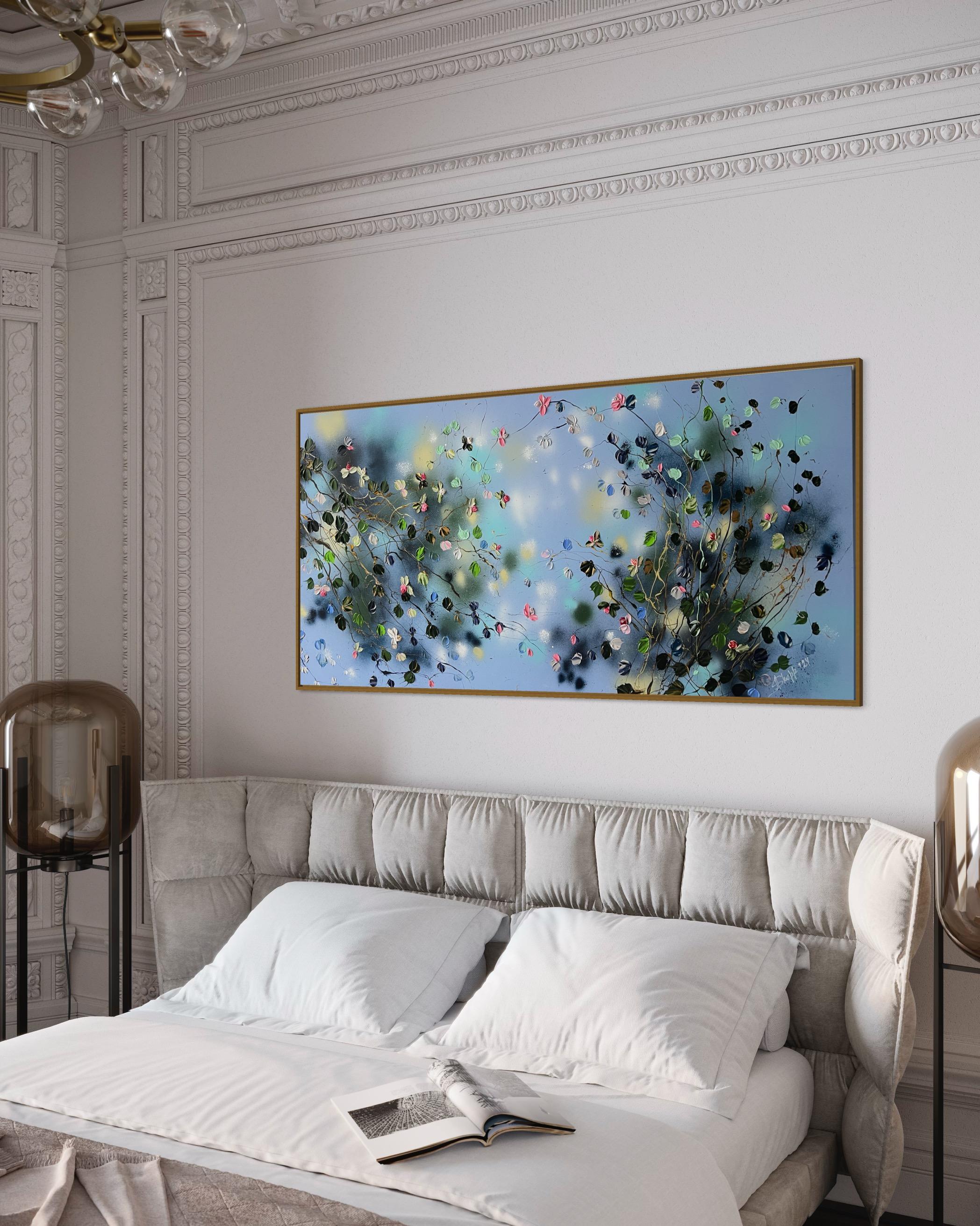 « Floral Minuet in Pastel Blue », art horizontal texturé floral de très grandes dimensions en vente 8