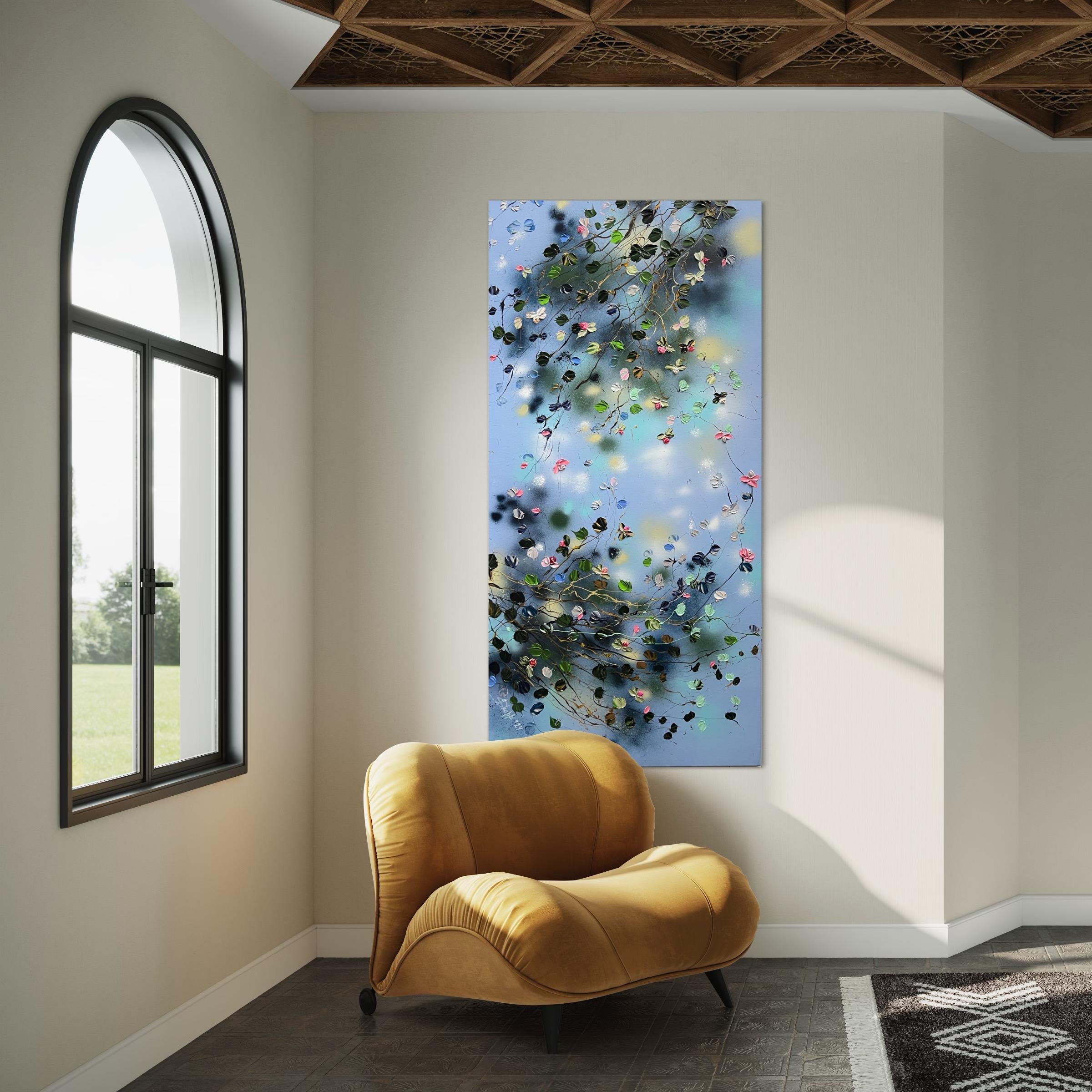 « Floral Minuet in Pastel Blue », art horizontal texturé floral de très grandes dimensions en vente 9