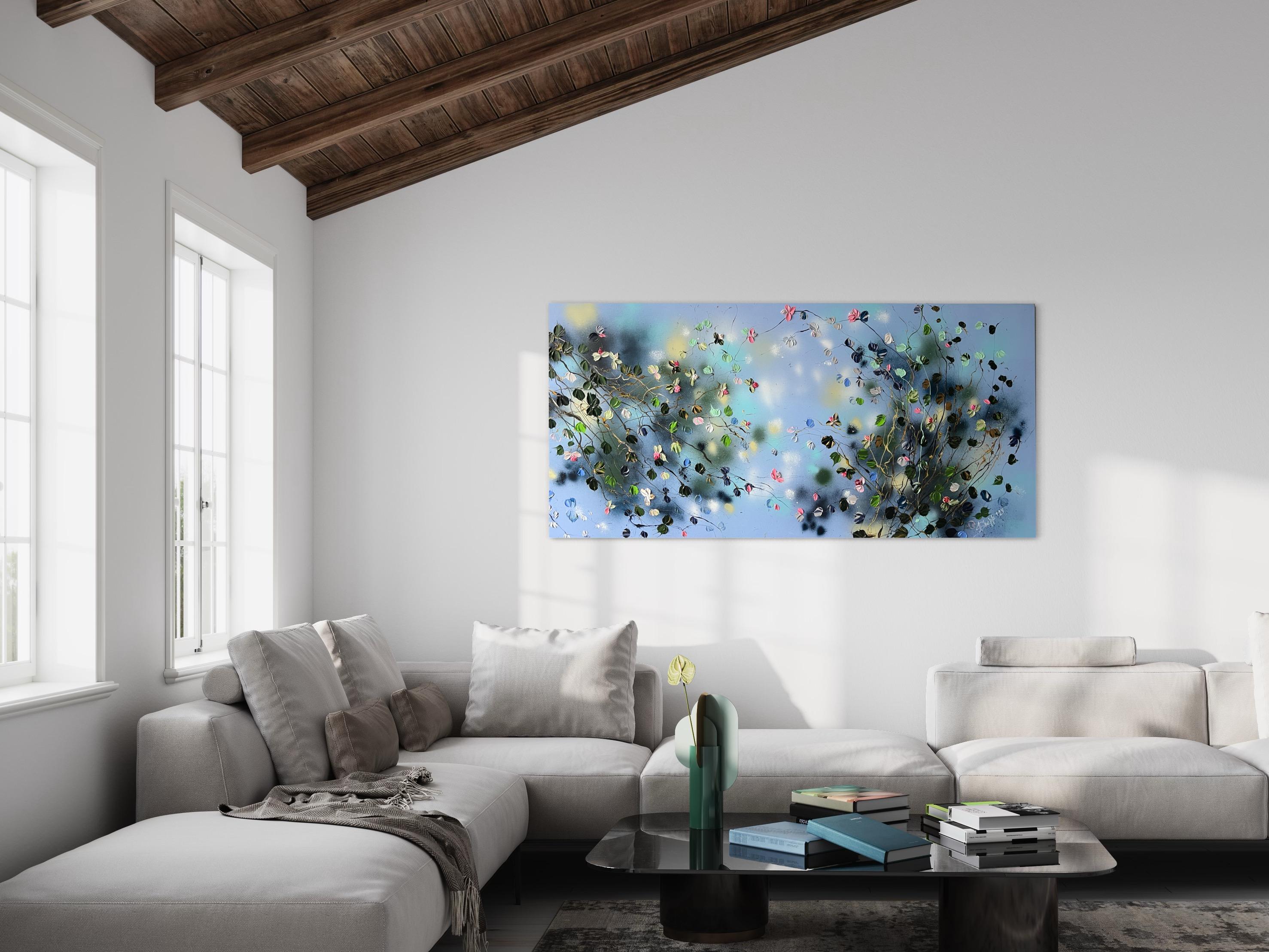 « Floral Minuet in Pastel Blue », art horizontal texturé floral de très grandes dimensions en vente 10
