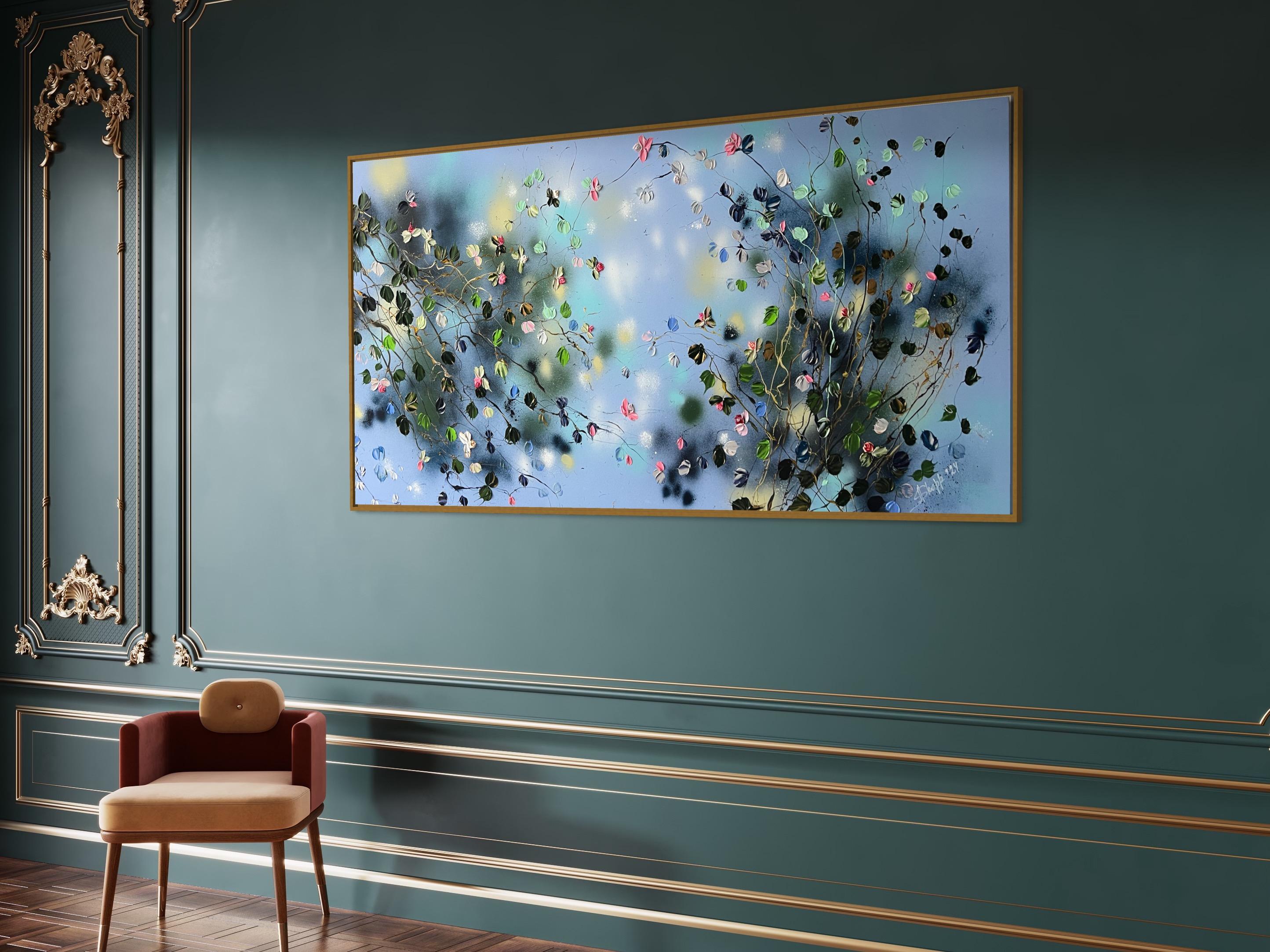 « Floral Minuet in Pastel Blue », art horizontal texturé floral de très grandes dimensions en vente 11