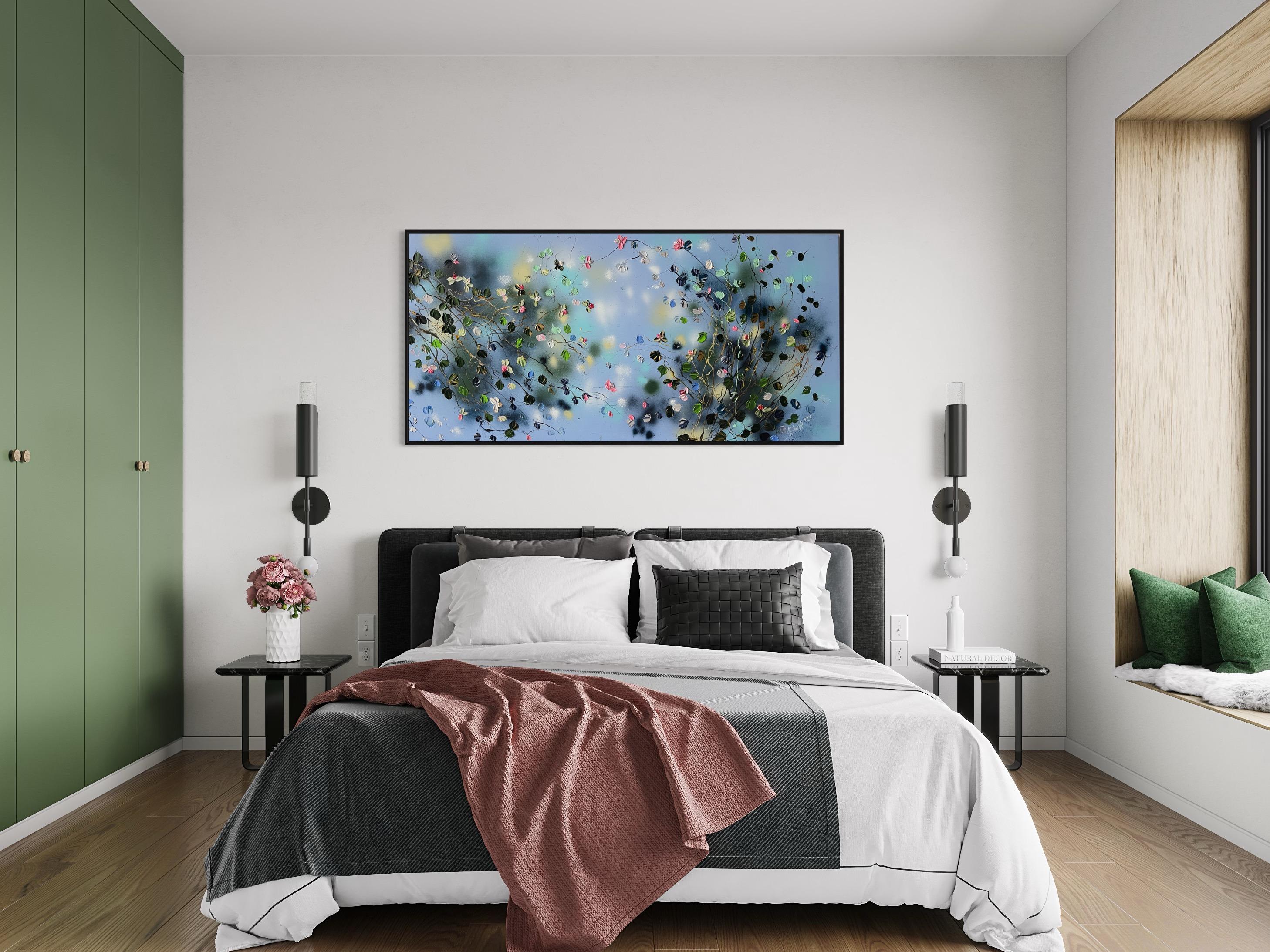 « Floral Minuet in Pastel Blue », art horizontal texturé floral de très grandes dimensions en vente 12