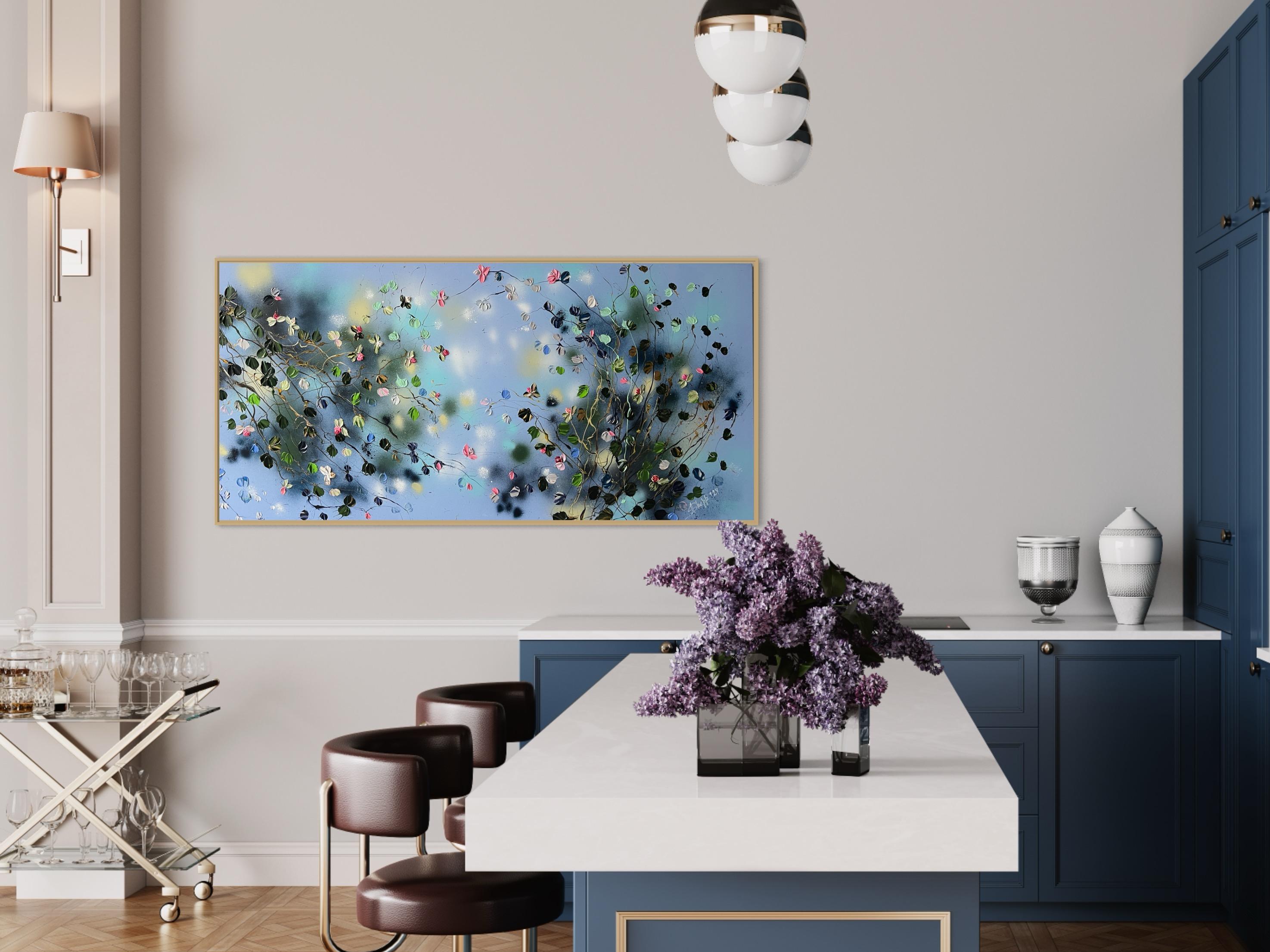 « Floral Minuet in Pastel Blue », art horizontal texturé floral de très grandes dimensions en vente 13