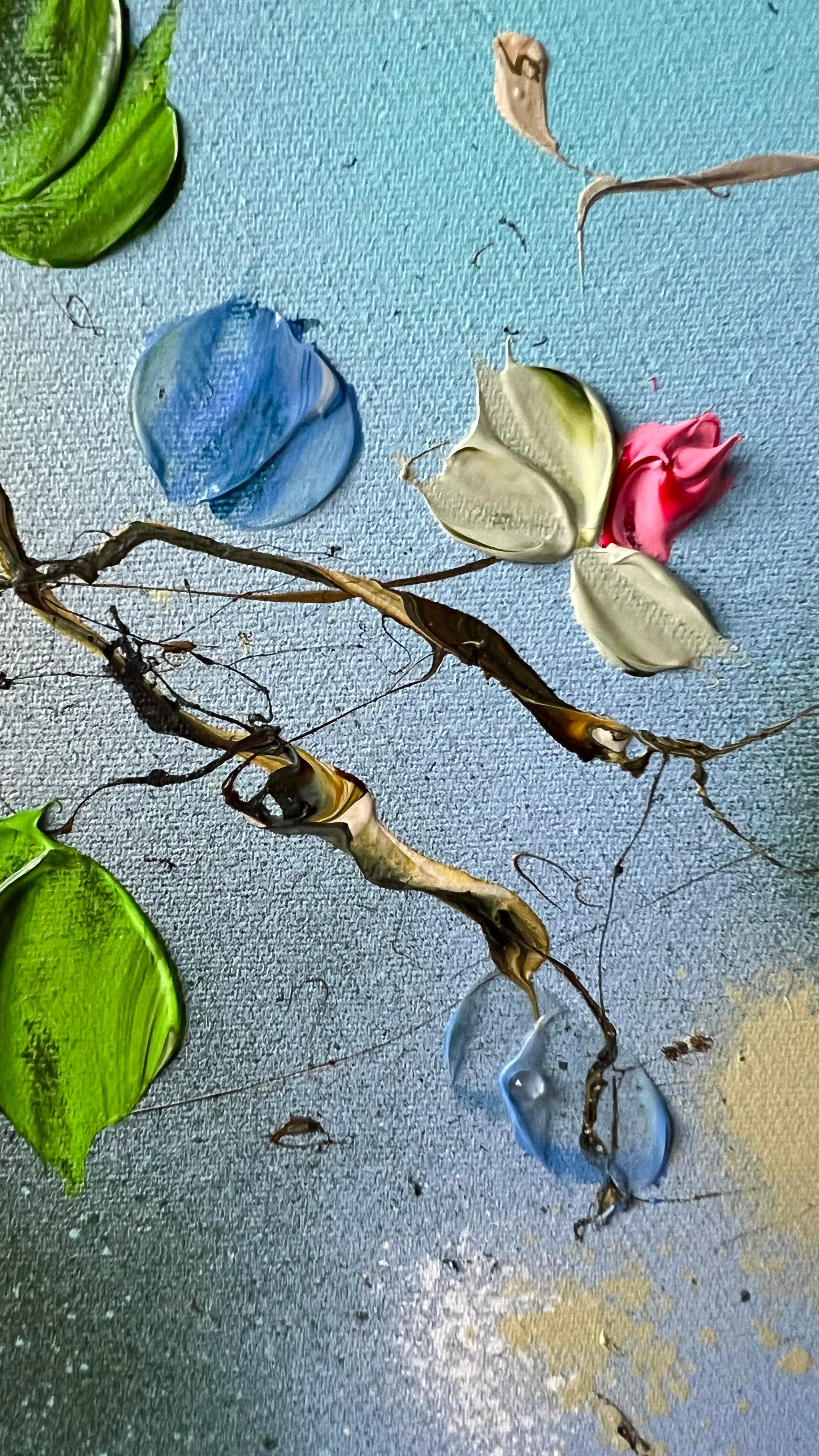 « Floral Minuet in Pastel Blue », art horizontal texturé floral de très grandes dimensions - Abstrait Painting par Anastassia Skopp