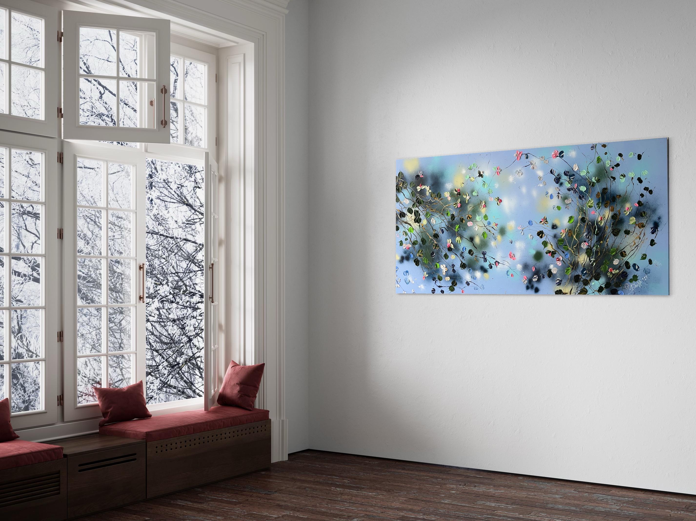 « Floral Minuet in Pastel Blue », art horizontal texturé floral de très grandes dimensions en vente 2