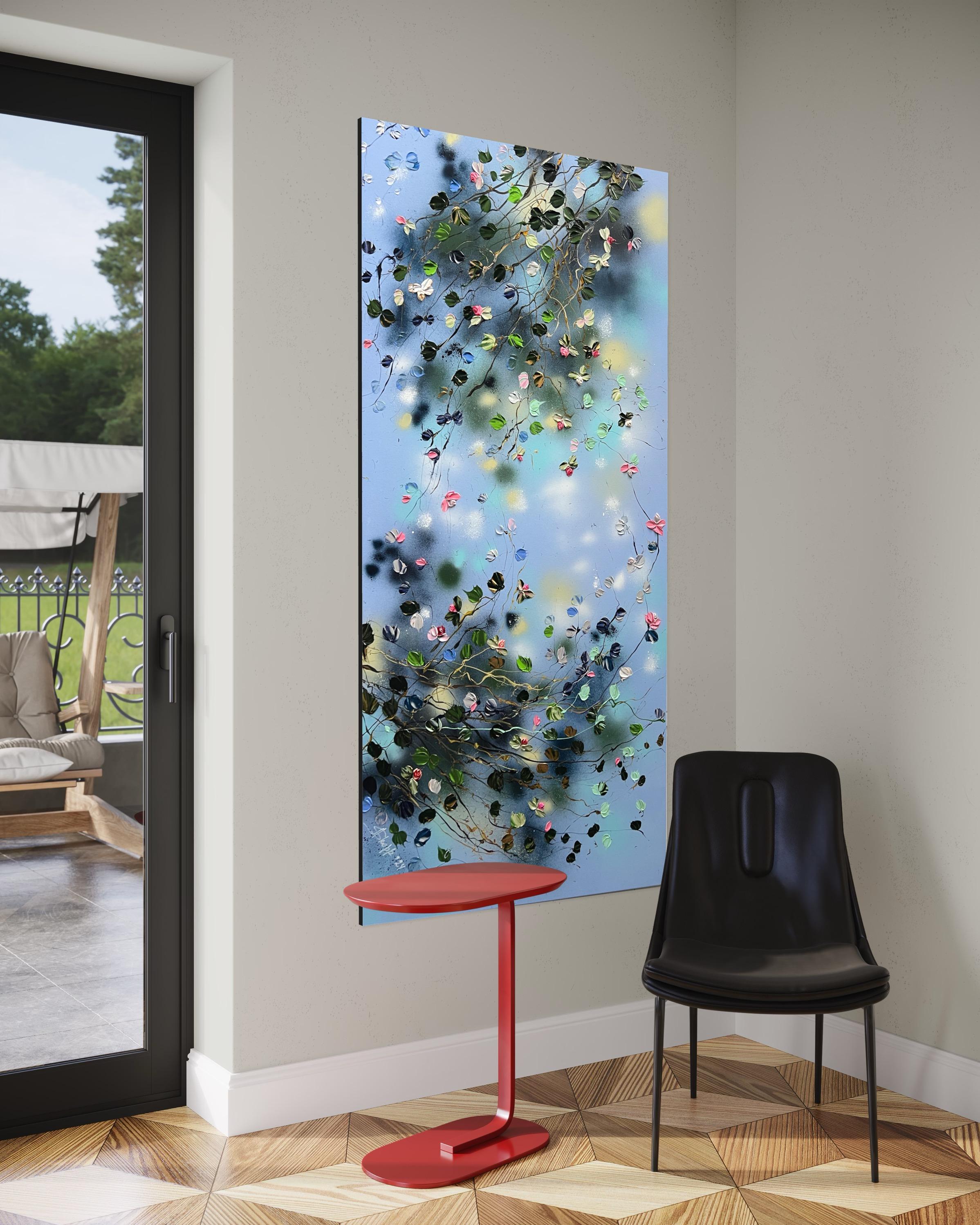 « Floral Minuet in Pastel Blue », art horizontal texturé floral de très grandes dimensions en vente 5